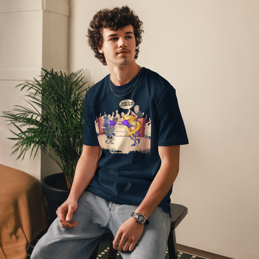 Bitcoin T-Shirt – There Is No Second Best - worn on sitting male model — blue