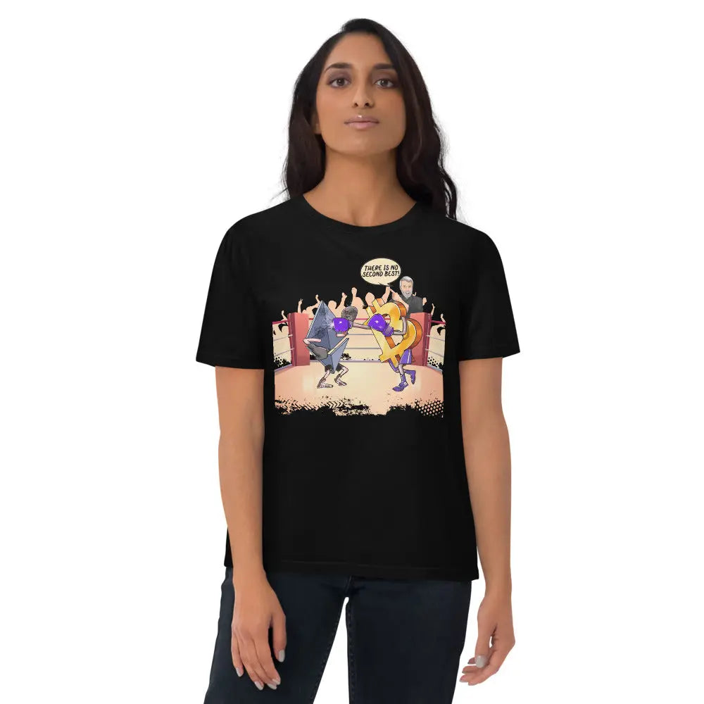 Bitcoin T-Shirt – There Is No Second Best - worn on standing female model — black