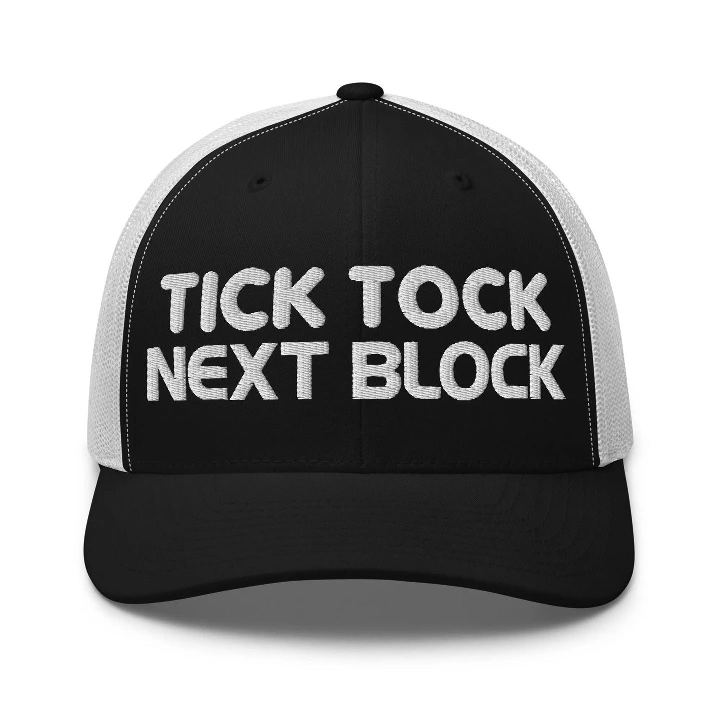 tick tock next block bitcoin trucker hat front black and white
