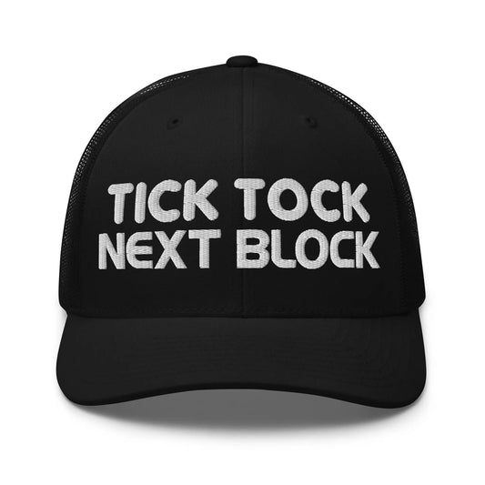 tick tock next block bitcoin trucker hat front black