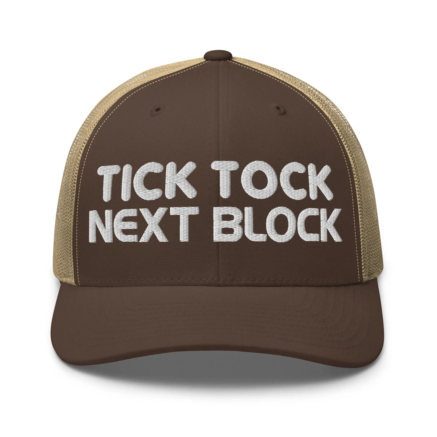 tick tock next block bitcoin trucker hat front brown and khaki