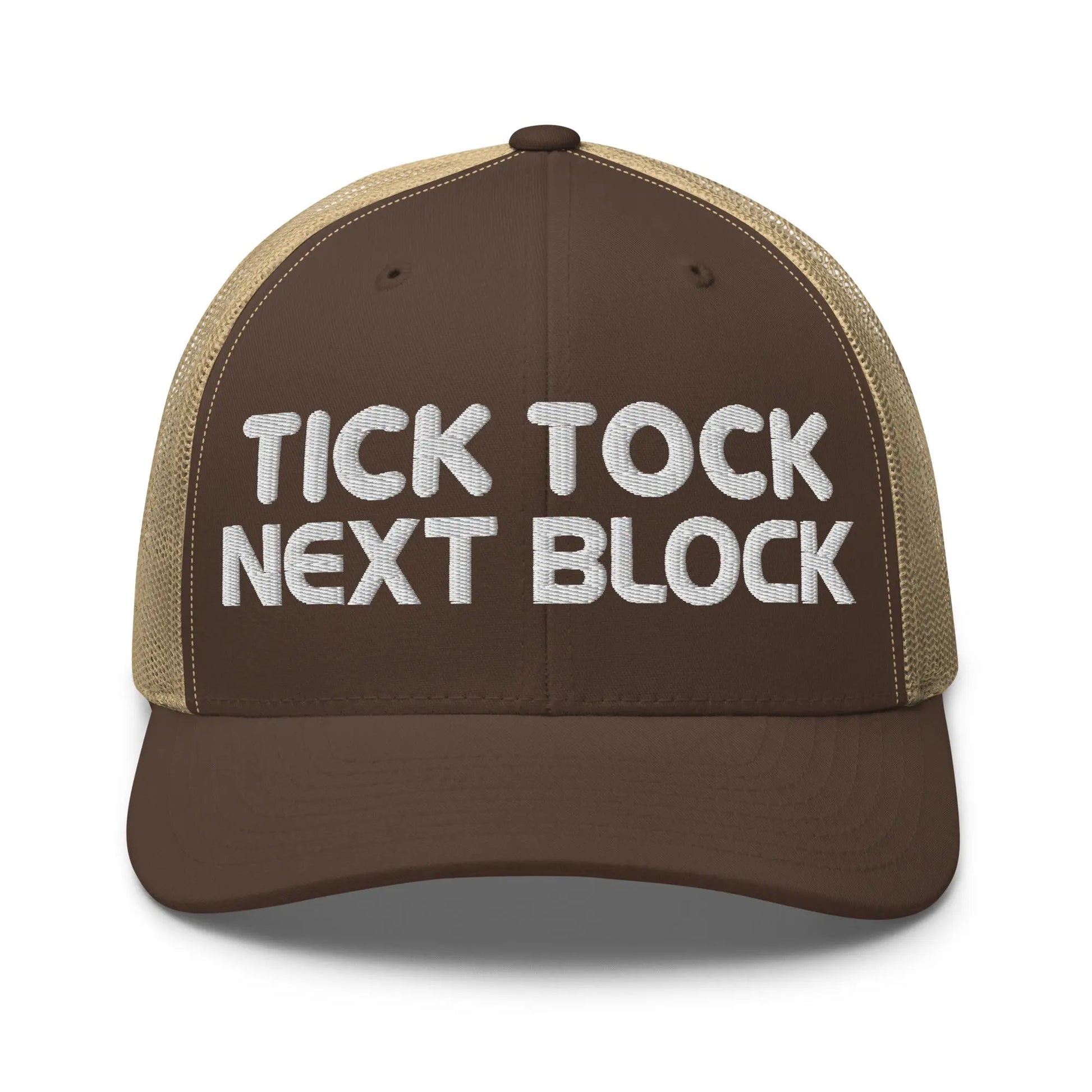 tick tock next block bitcoin trucker hat front brown and khaki