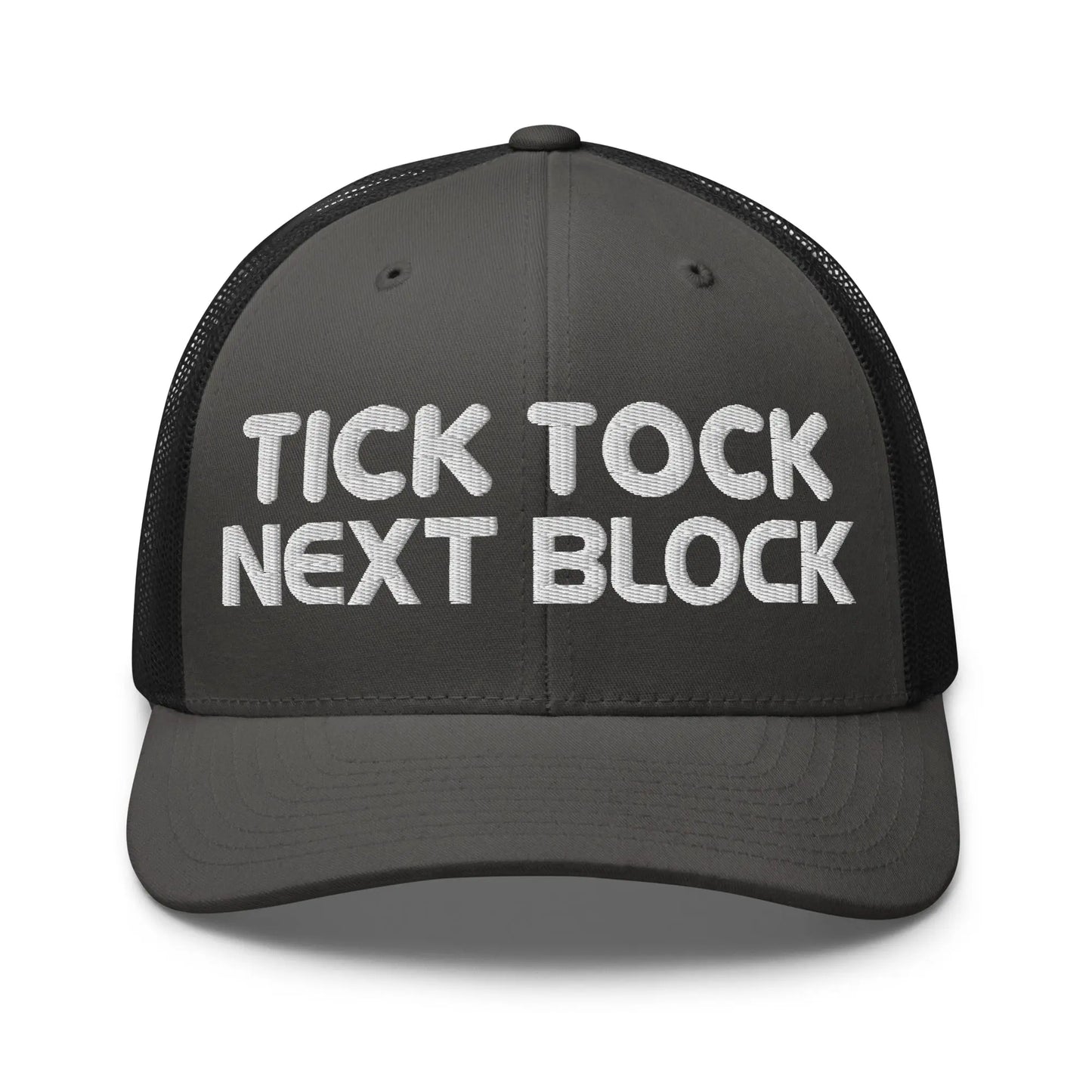 tick tock next block bitcoin trucker hat front charcoal and black