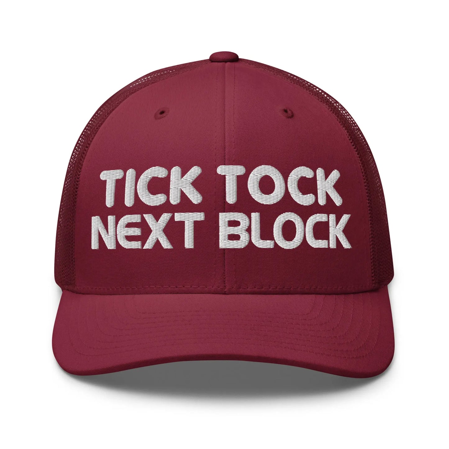 tick tock next block bitcoin trucker hat front cranberry