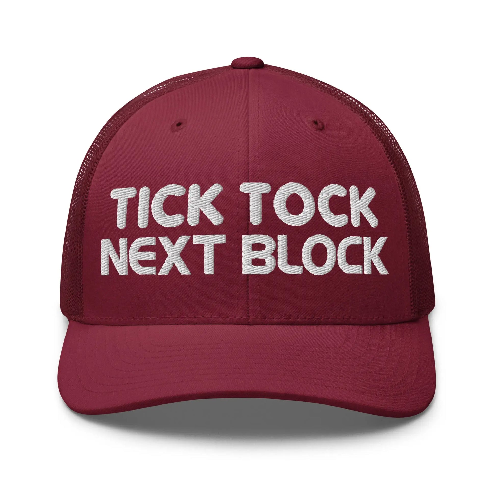 tick tock next block bitcoin trucker hat front cranberry