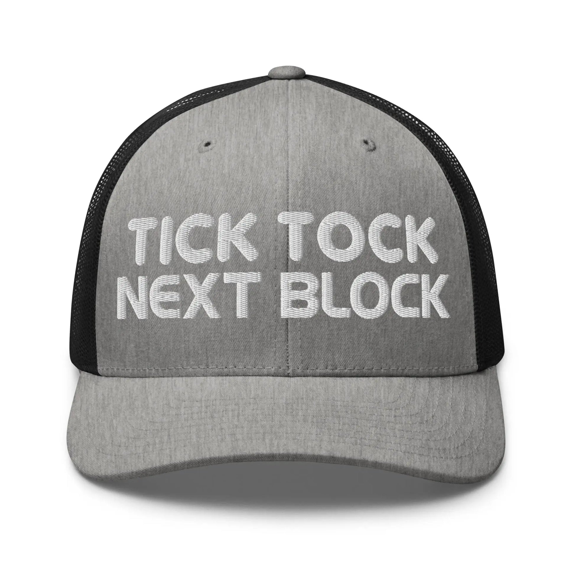 tick tock next block bitcoin trucker hat front heather and black