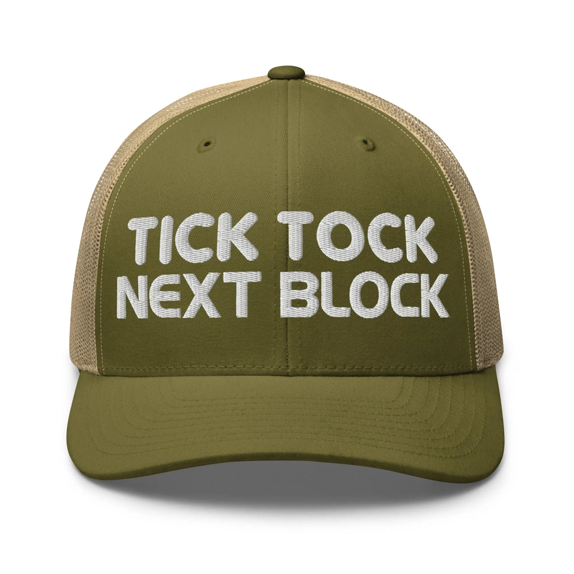 tick tock next block bitcoin trucker hat front moss and khaki