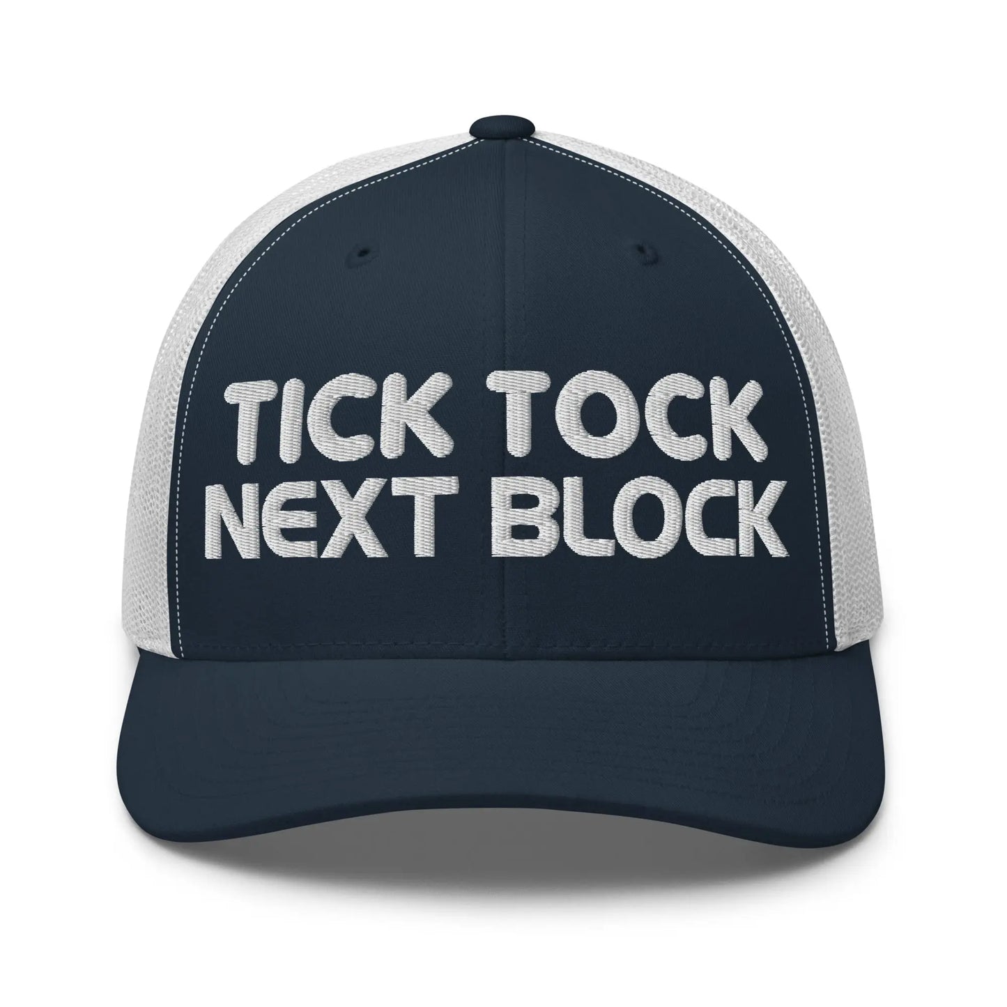 tick tock next block bitcoin trucker hat front navy and white