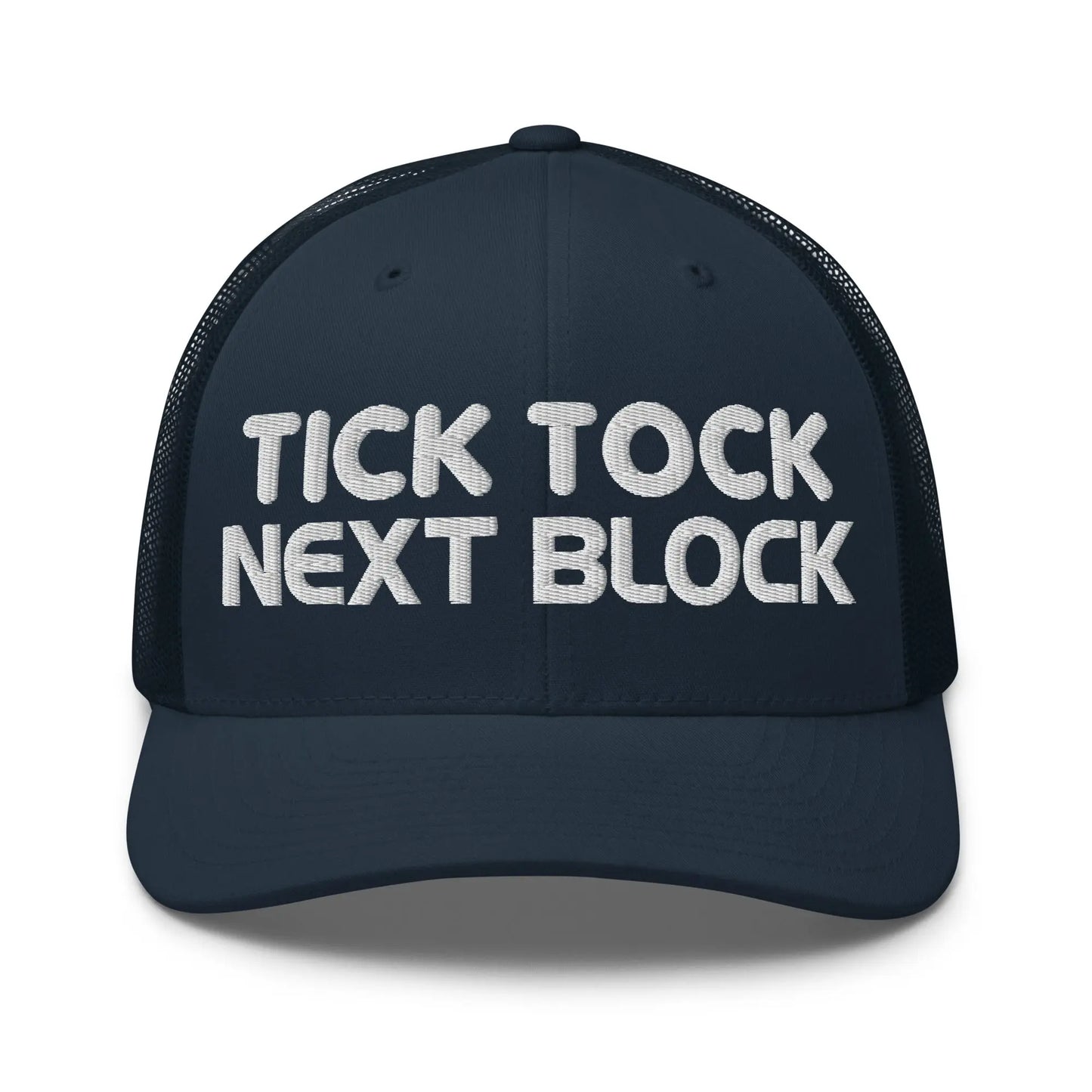 tick tock next block bitcoin trucker hat front navy