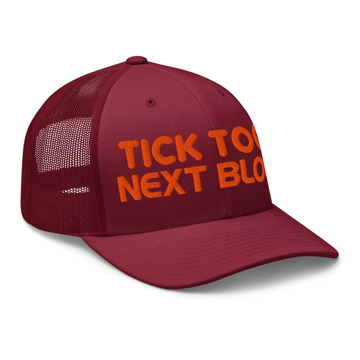 bitcoin trucker hat - tick tock next block - angled front view - cranberry