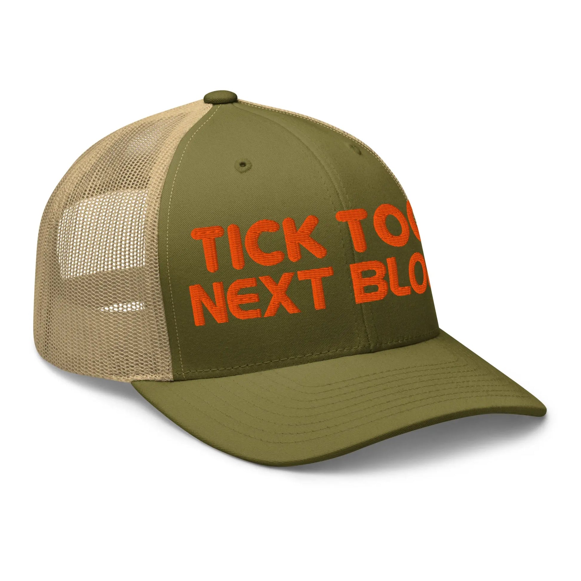 bitcoin trucker hat - tick tock next block - angled front view - moss and khaki