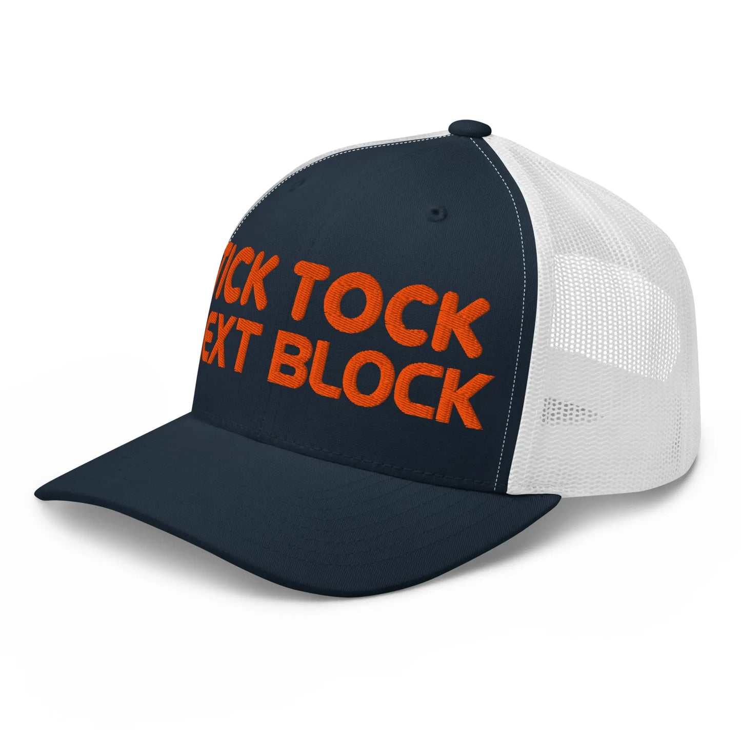bitcoin trucker hat - tick tock next block - angled front view - navy and white