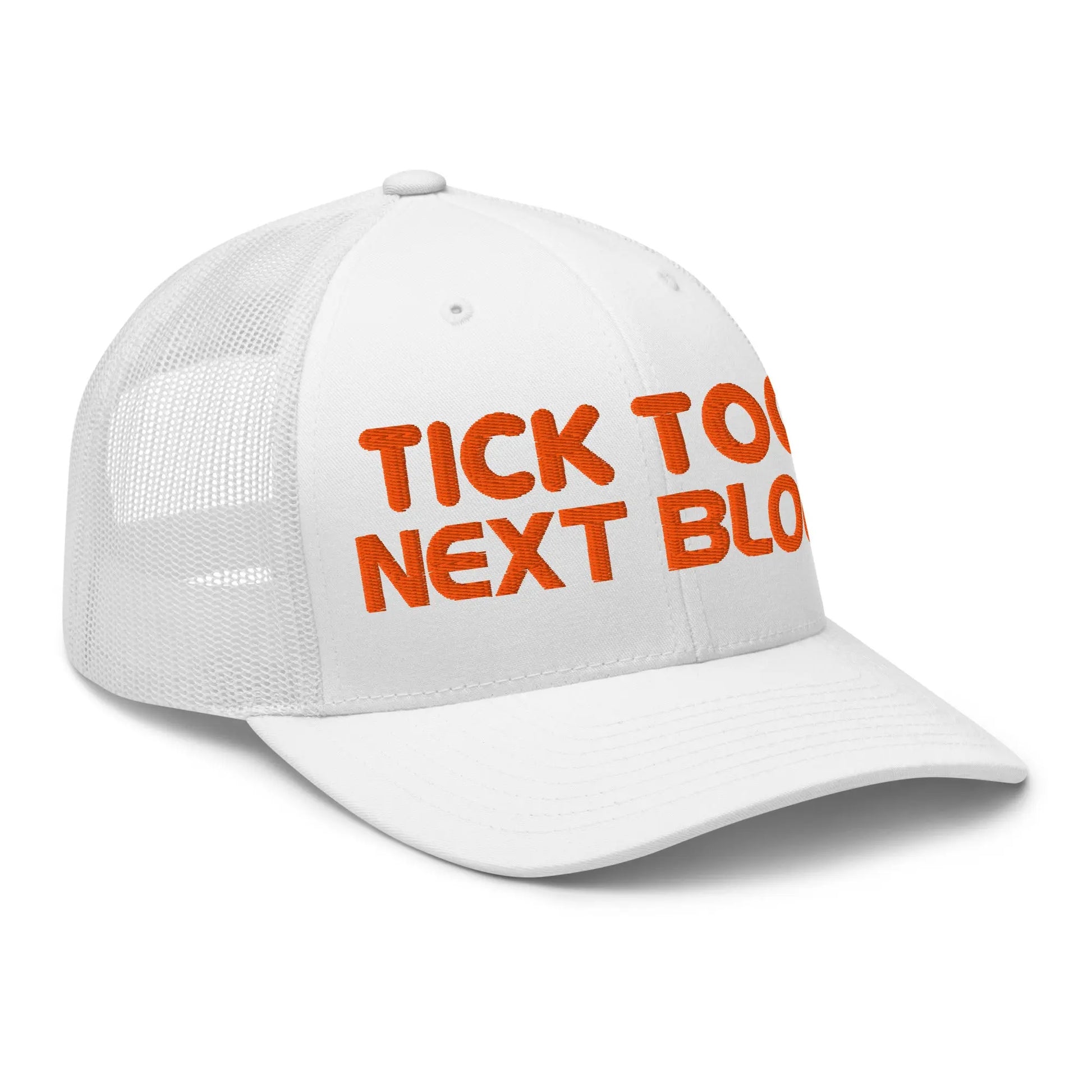 bitcoin trucker hat - tick tock next block - angled front view - white
