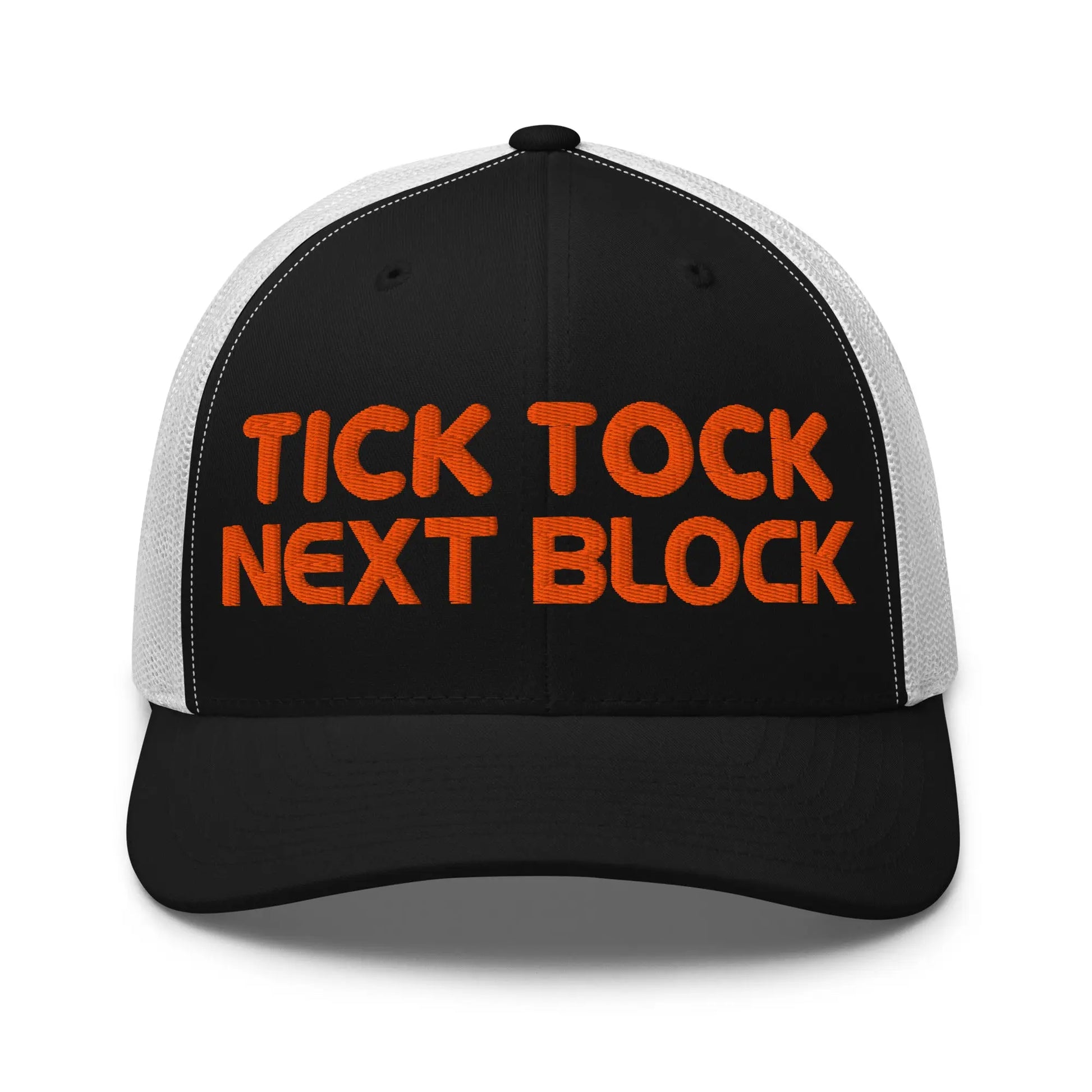 bitcoin trucker hat - tick tock next block - front view - black and white