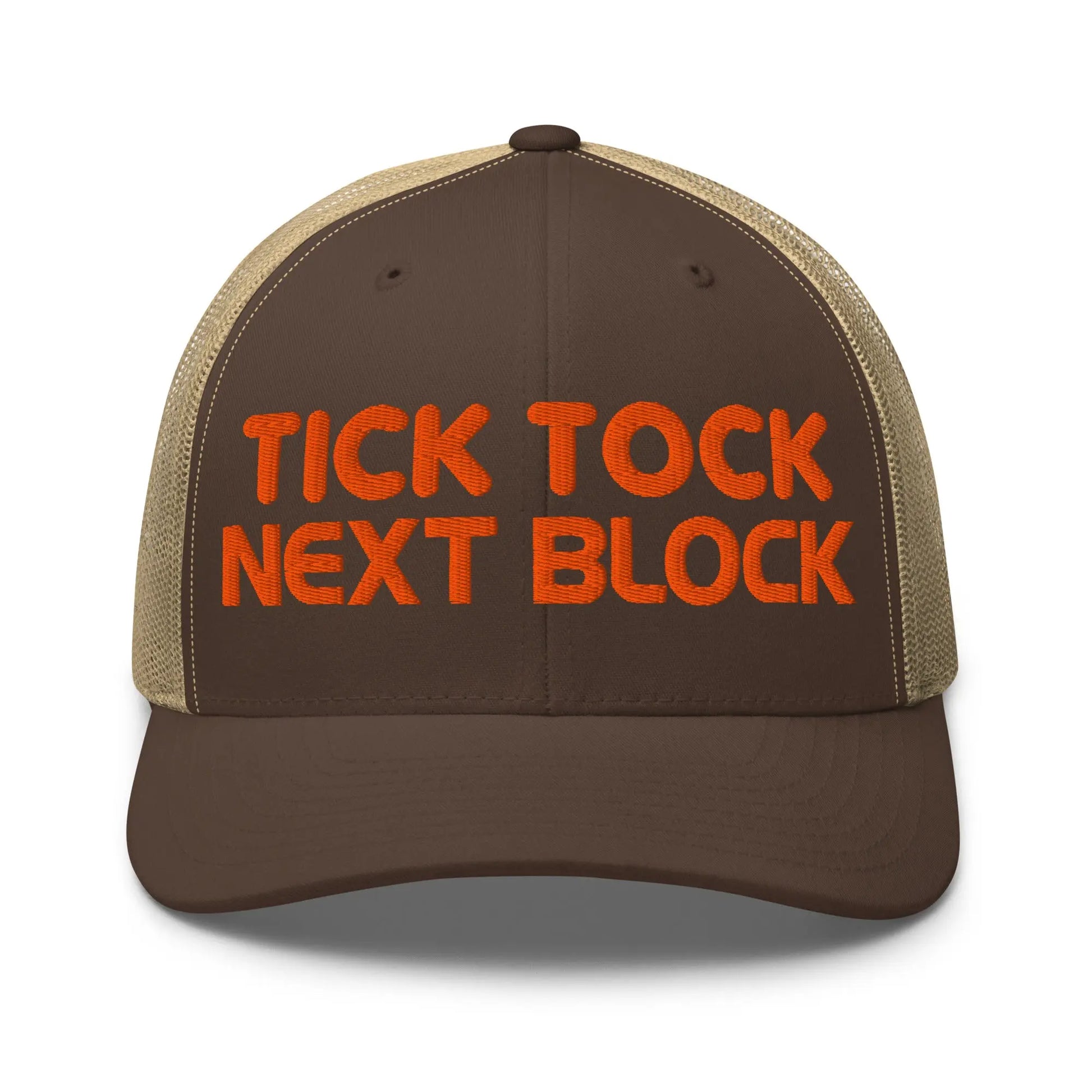 bitcoin trucker hat - tick tock next block - front view - brown and khaki
