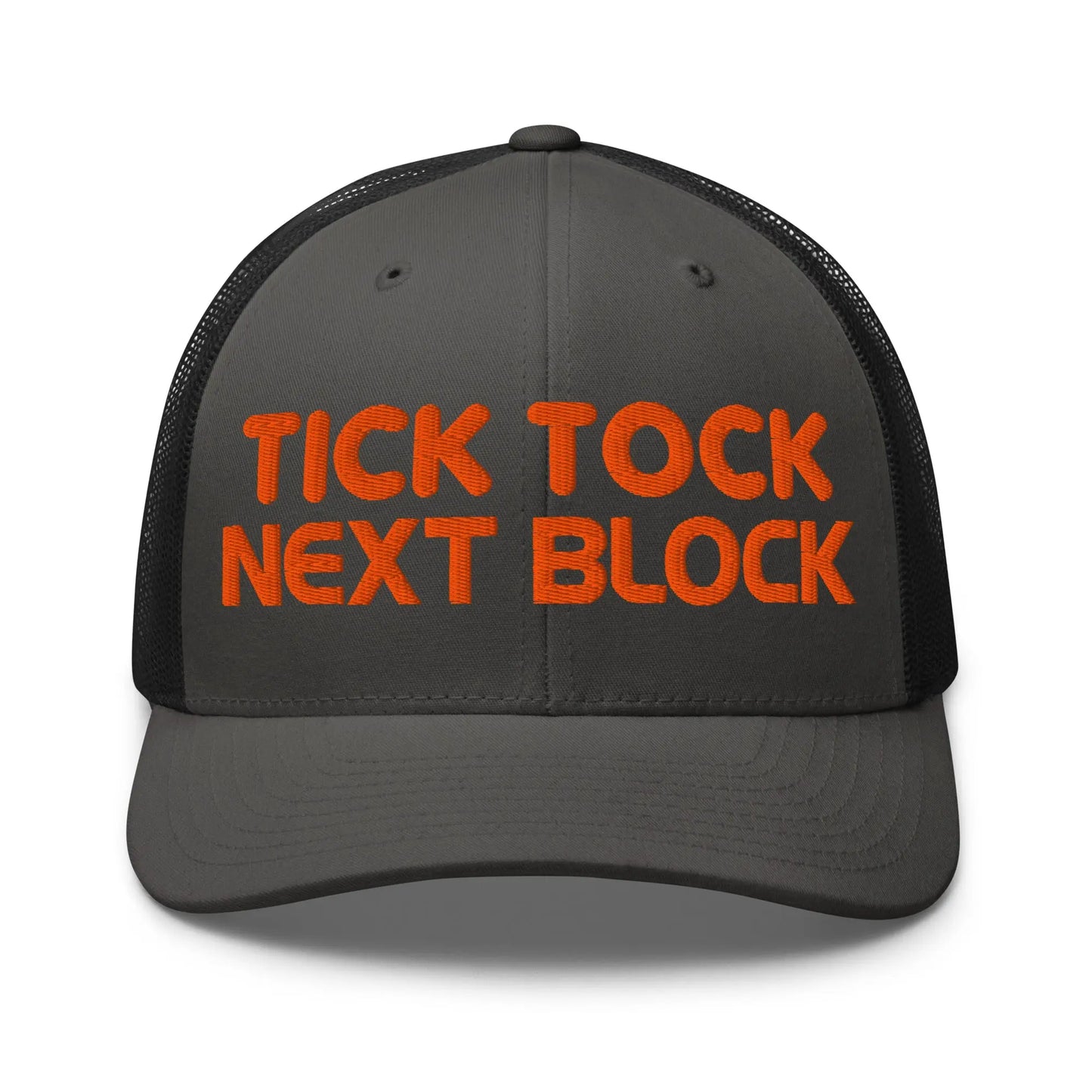 bitcoin trucker hat - tick tock next block - front view - charcoal and black