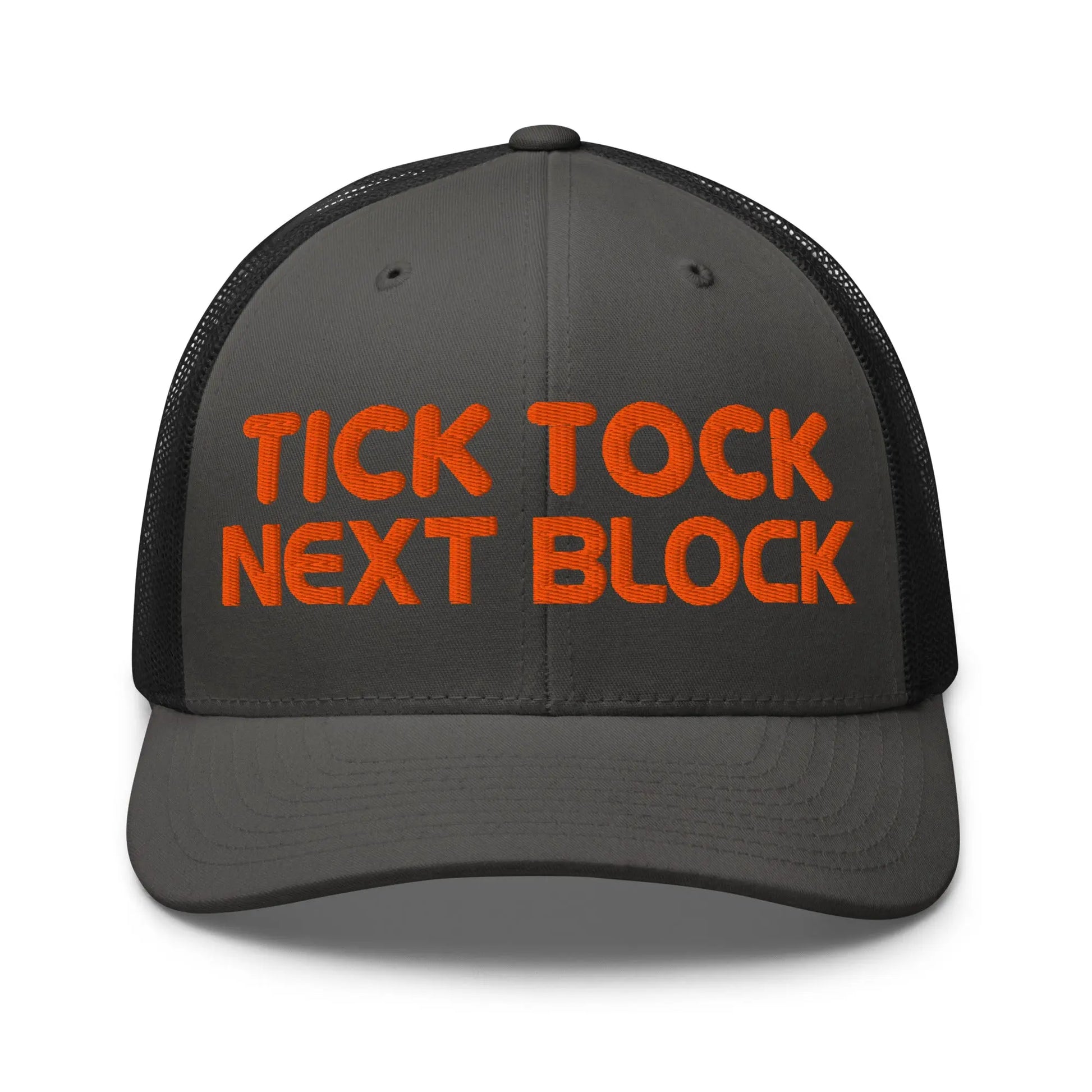 bitcoin trucker hat - tick tock next block - front view - charcoal and black