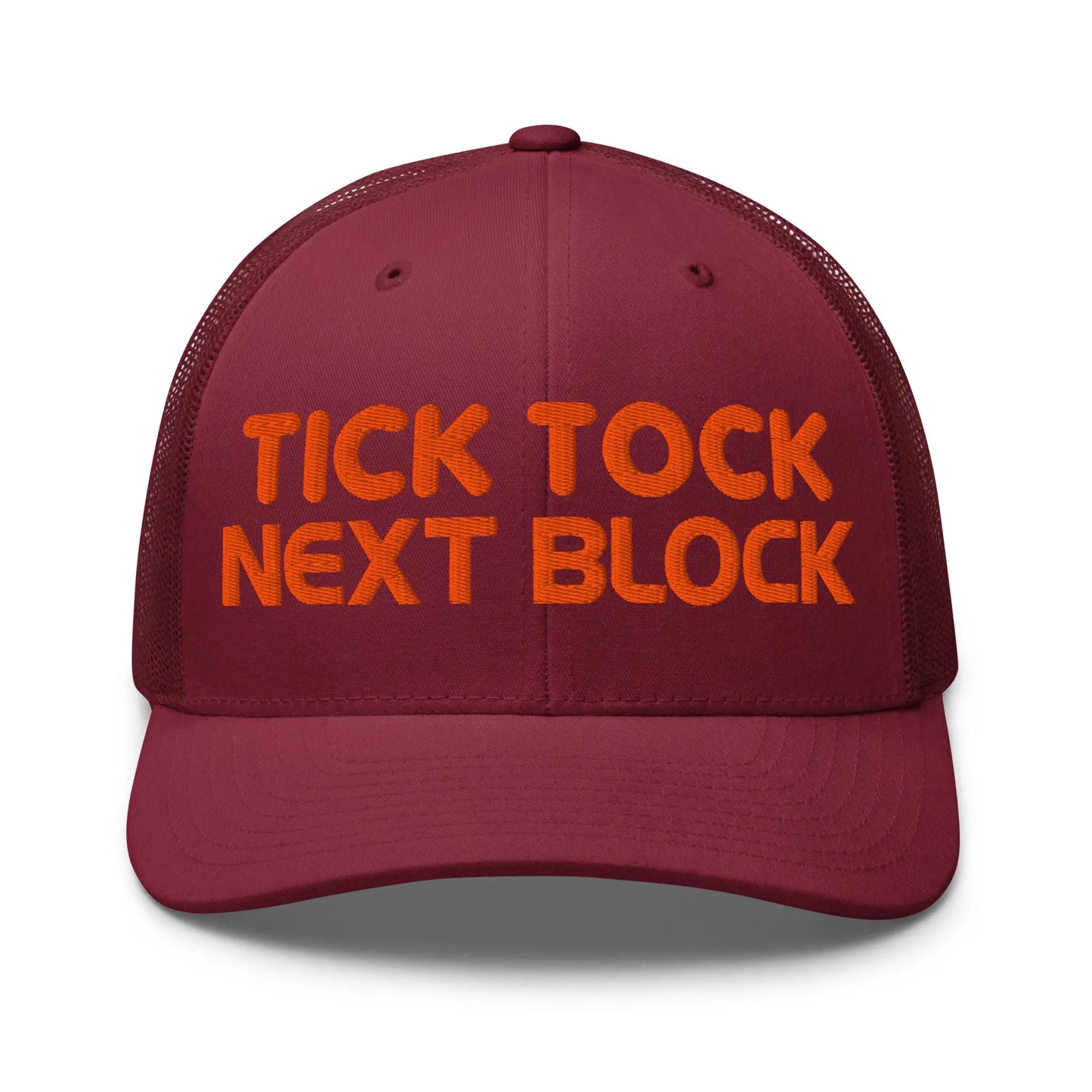 bitcoin trucker hat - tick tock next block - front view - cranberry