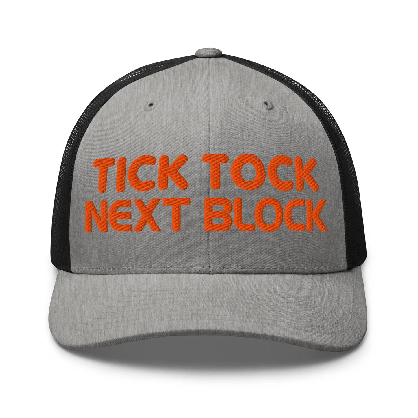 bitcoin trucker hat - tick tock next block - front view - heather and black