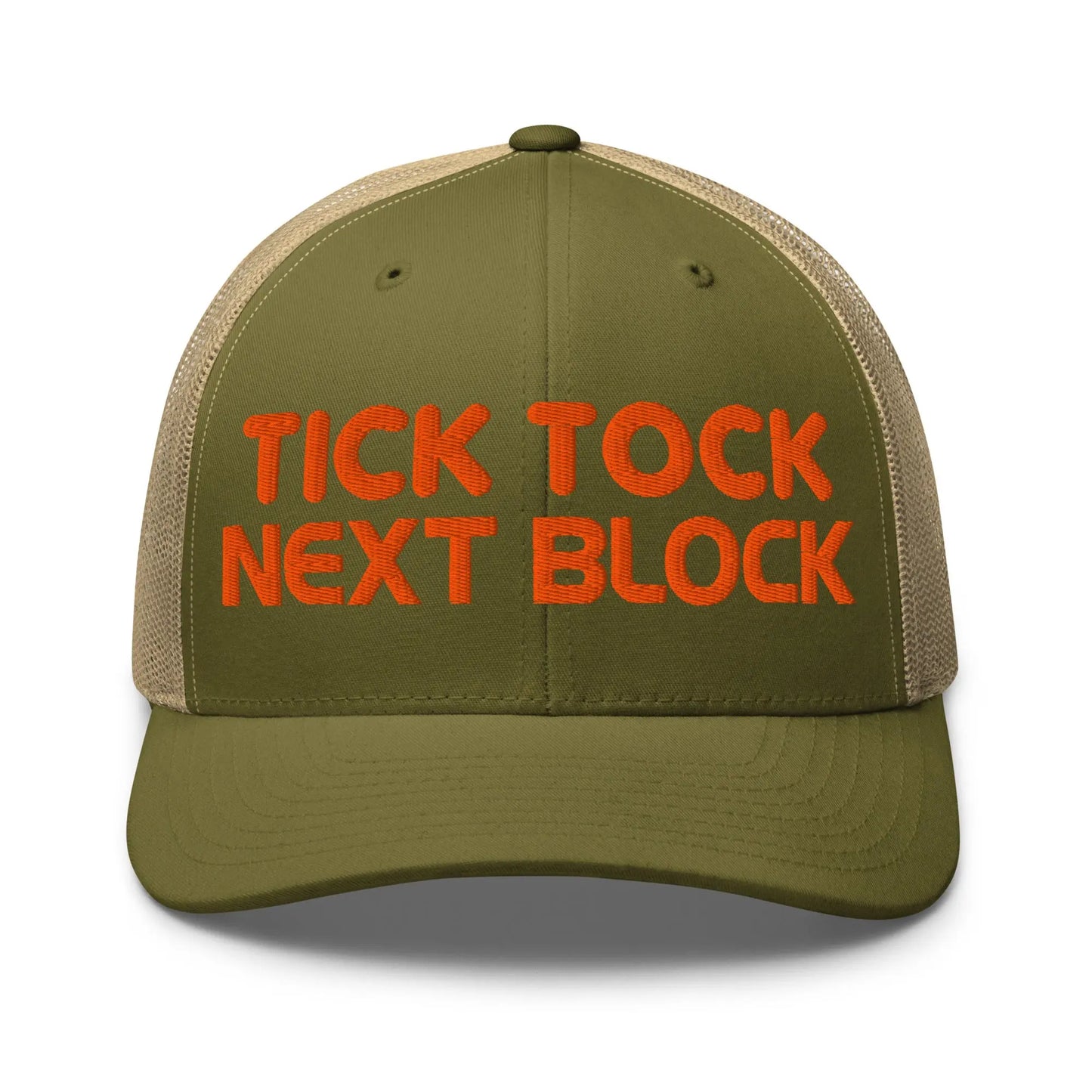 bitcoin trucker hat - tick tock next block - front view - moss and khaki