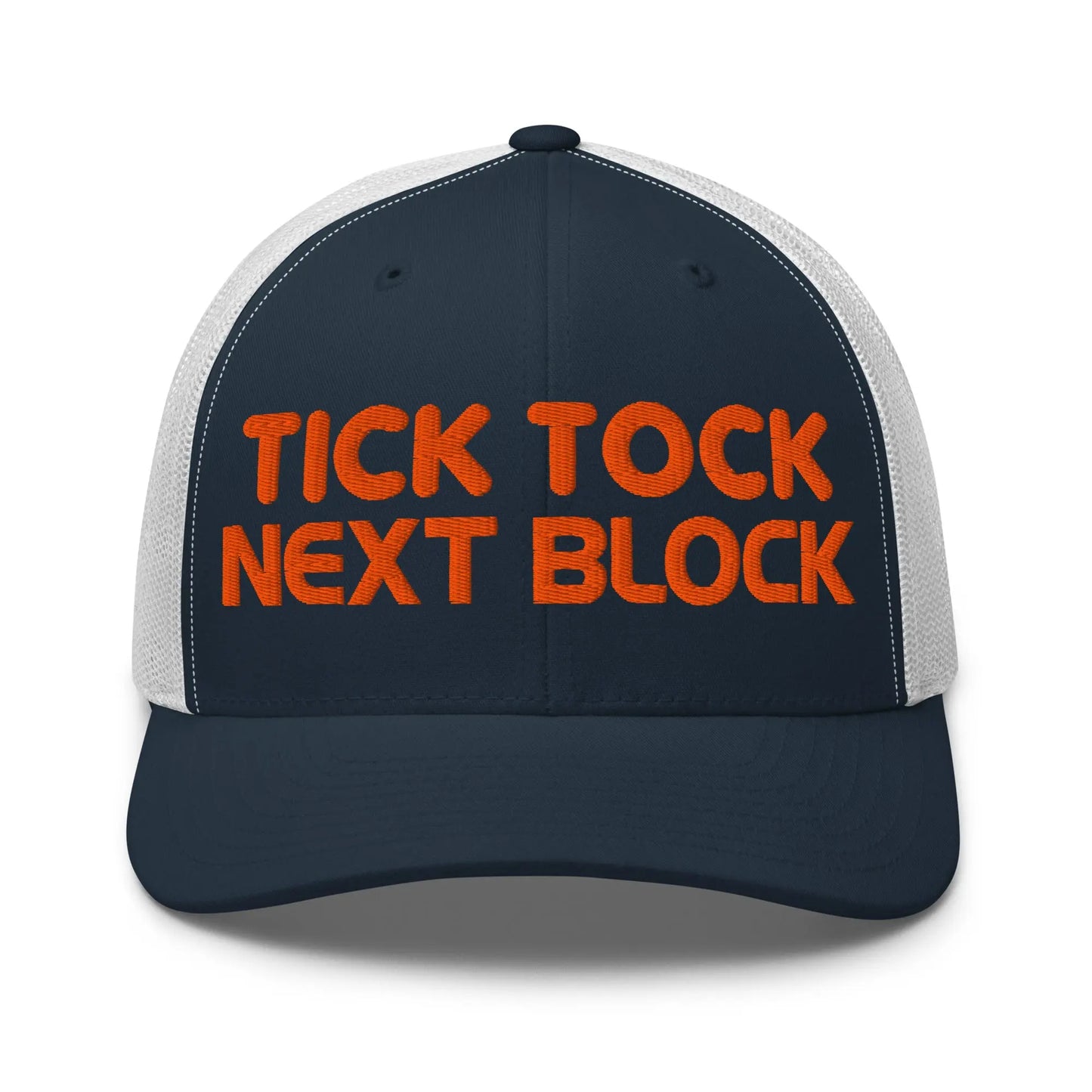 bitcoin trucker hat - tick tock next block - front view - navy and white