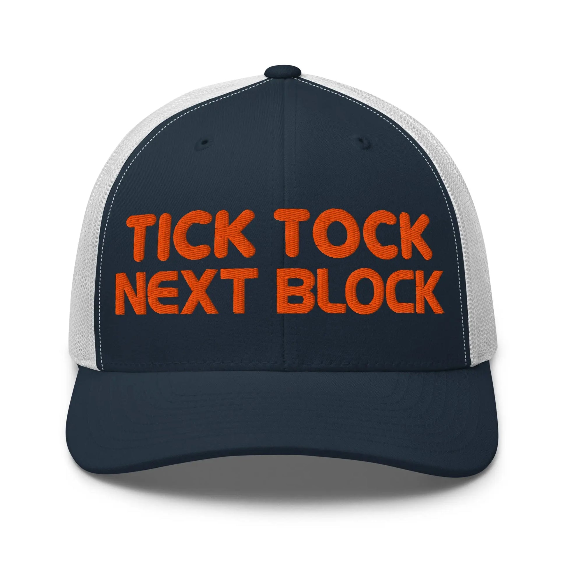 bitcoin trucker hat - tick tock next block - front view - navy and white