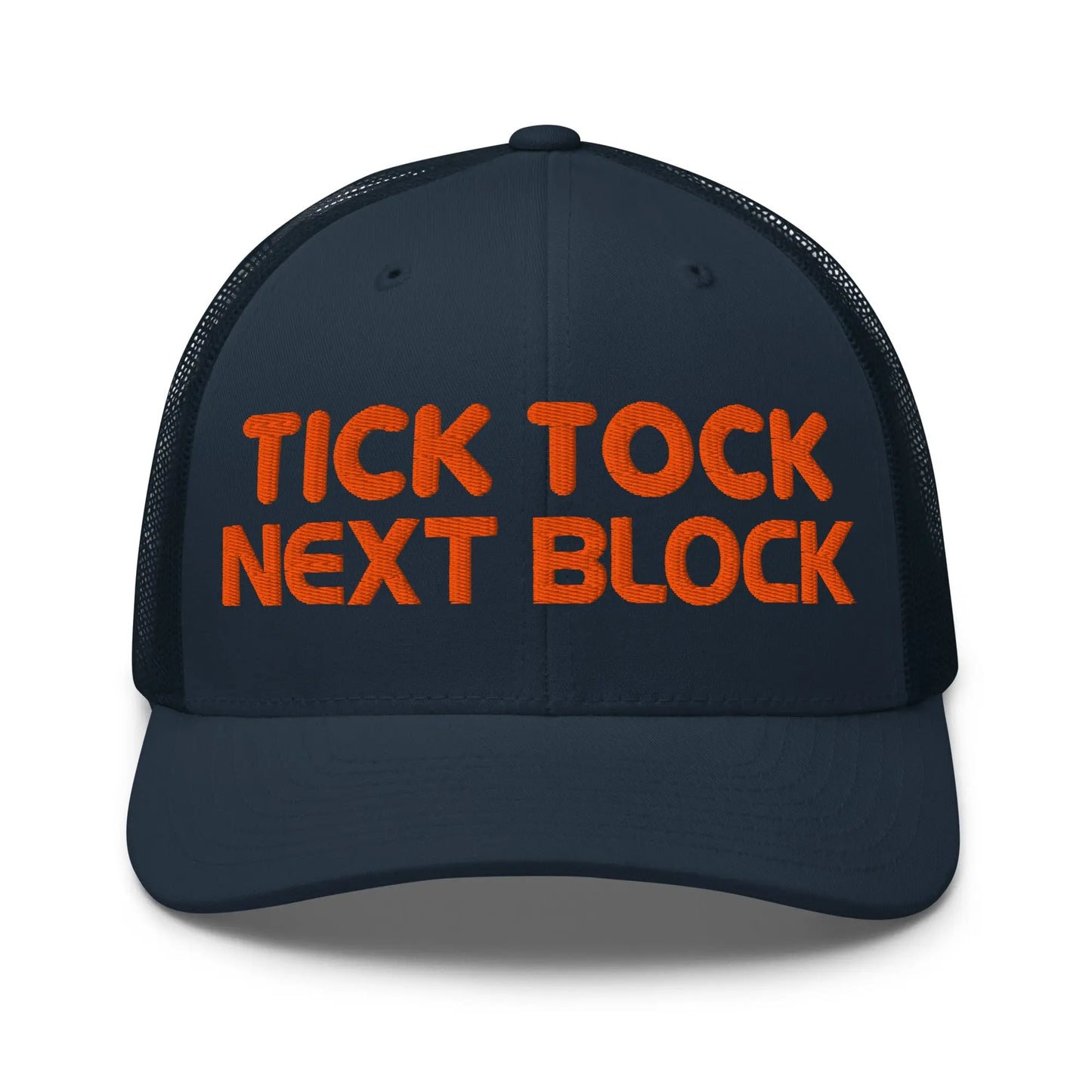bitcoin trucker hat - tick tock next block - front view - navy