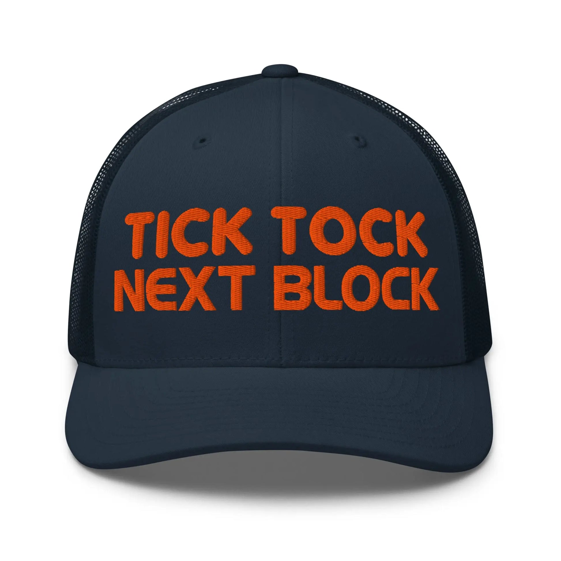 bitcoin trucker hat - tick tock next block - front view - navy