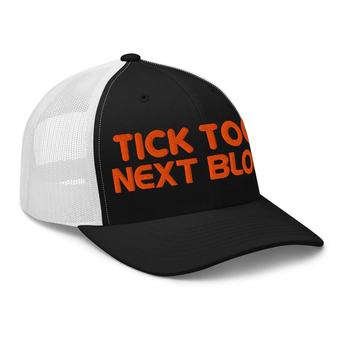bitcoin trucker hat - tick tock next block - side view - black and white
