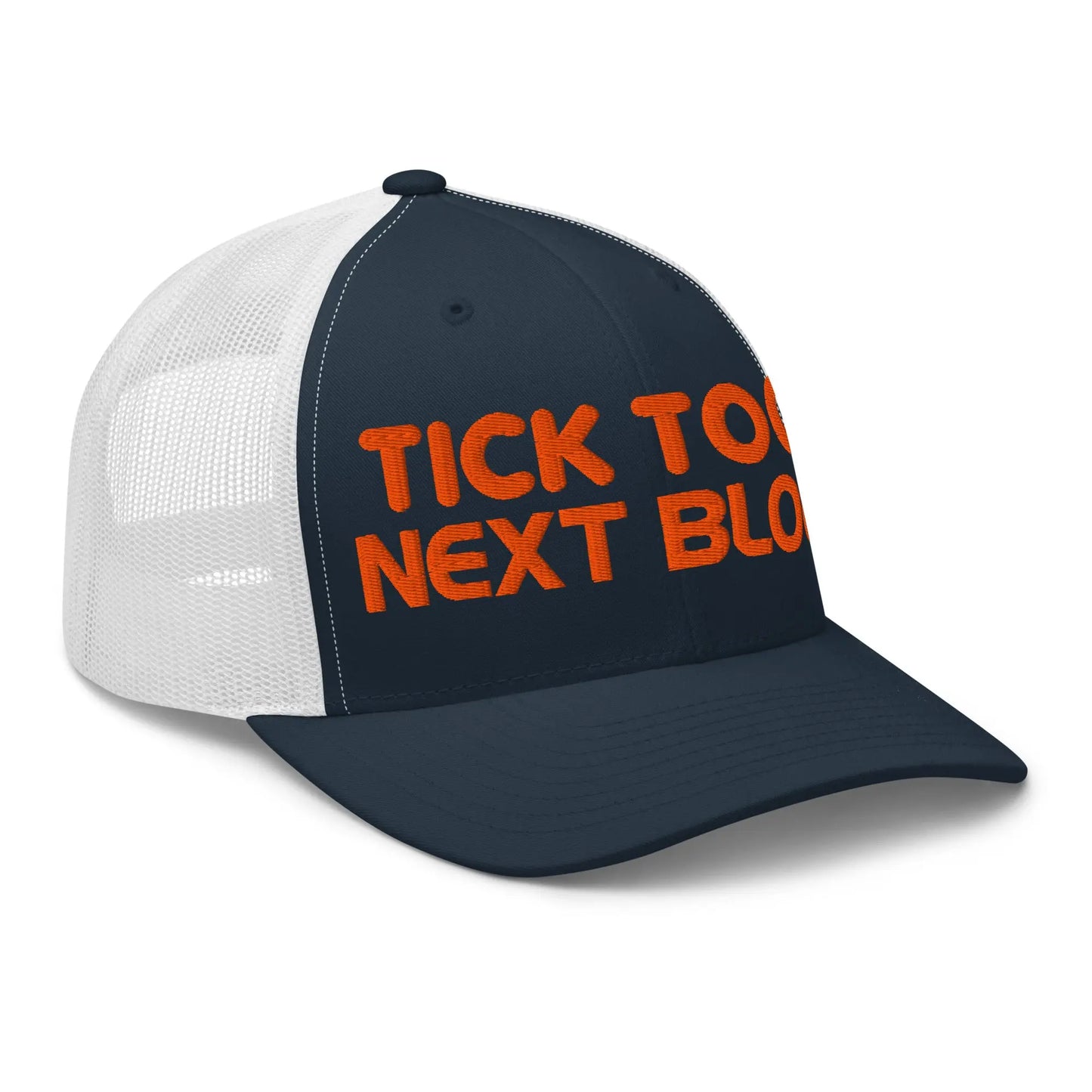bitcoin trucker hat - tick tock next block - side view - navy and white