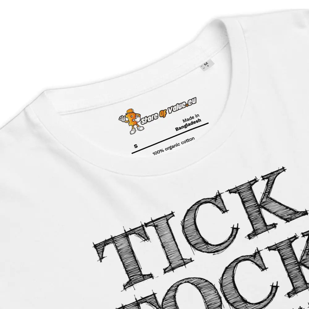 Bitcoin T-Shirt – Tick Tock Next Block -design close-up - white