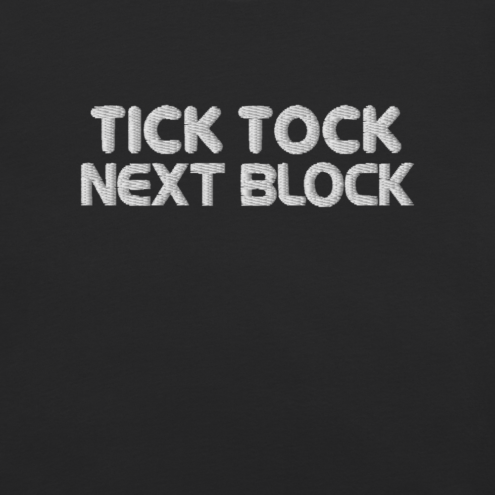 bitcoin t-shirt - tick tock next block - embroidery close-up 