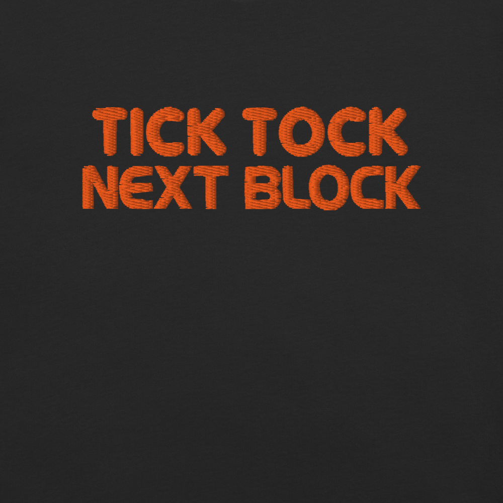bitcoin t-shirt - tick tock next block - embroidery close-up detail