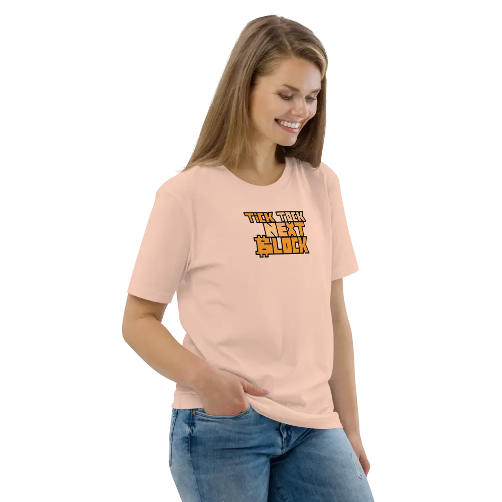 Bitcoin T-Shirt – Tick Tock Next Block by BitPopArt | Store of Value — worn on female model - Fraiche Peche color