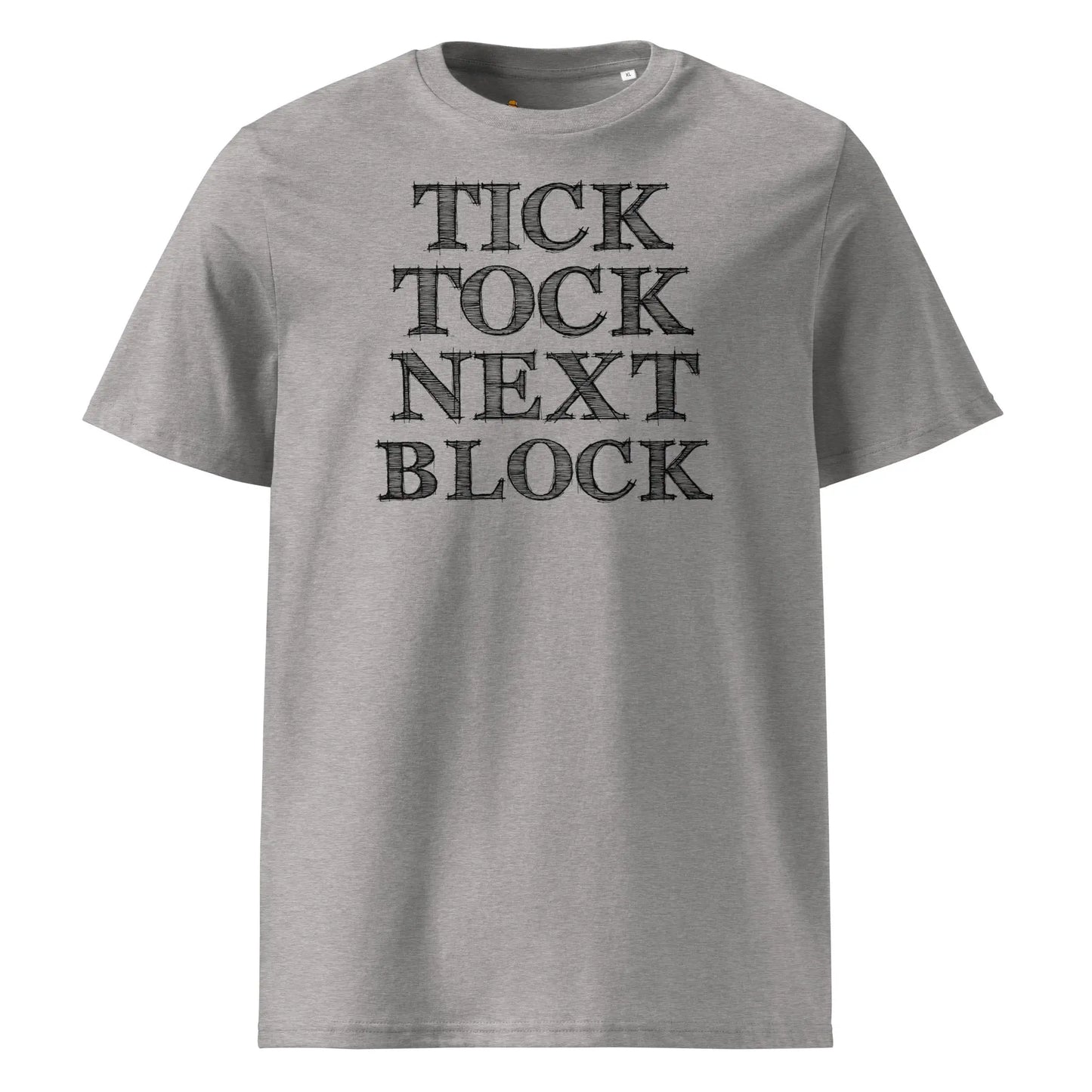 Bitcoin T-Shirt – Tick Tock Next Block - front view - grey