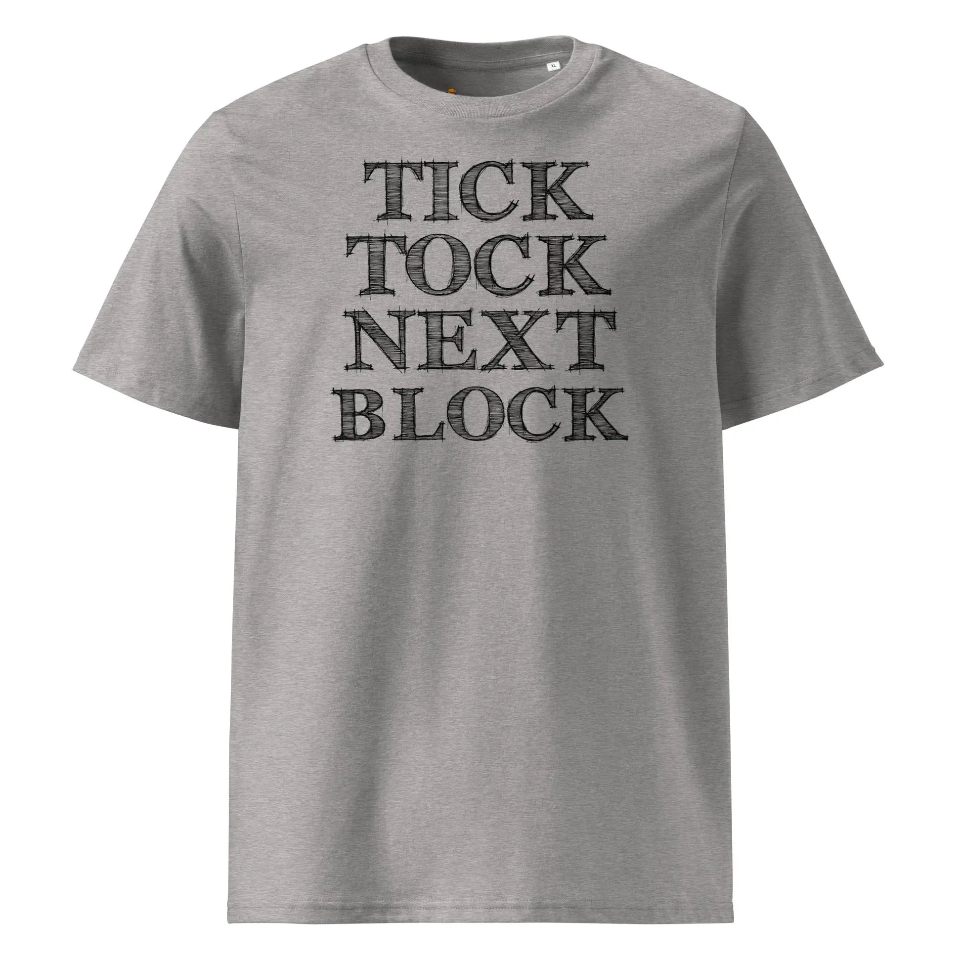 Bitcoin T-Shirt – Tick Tock Next Block - front view - grey