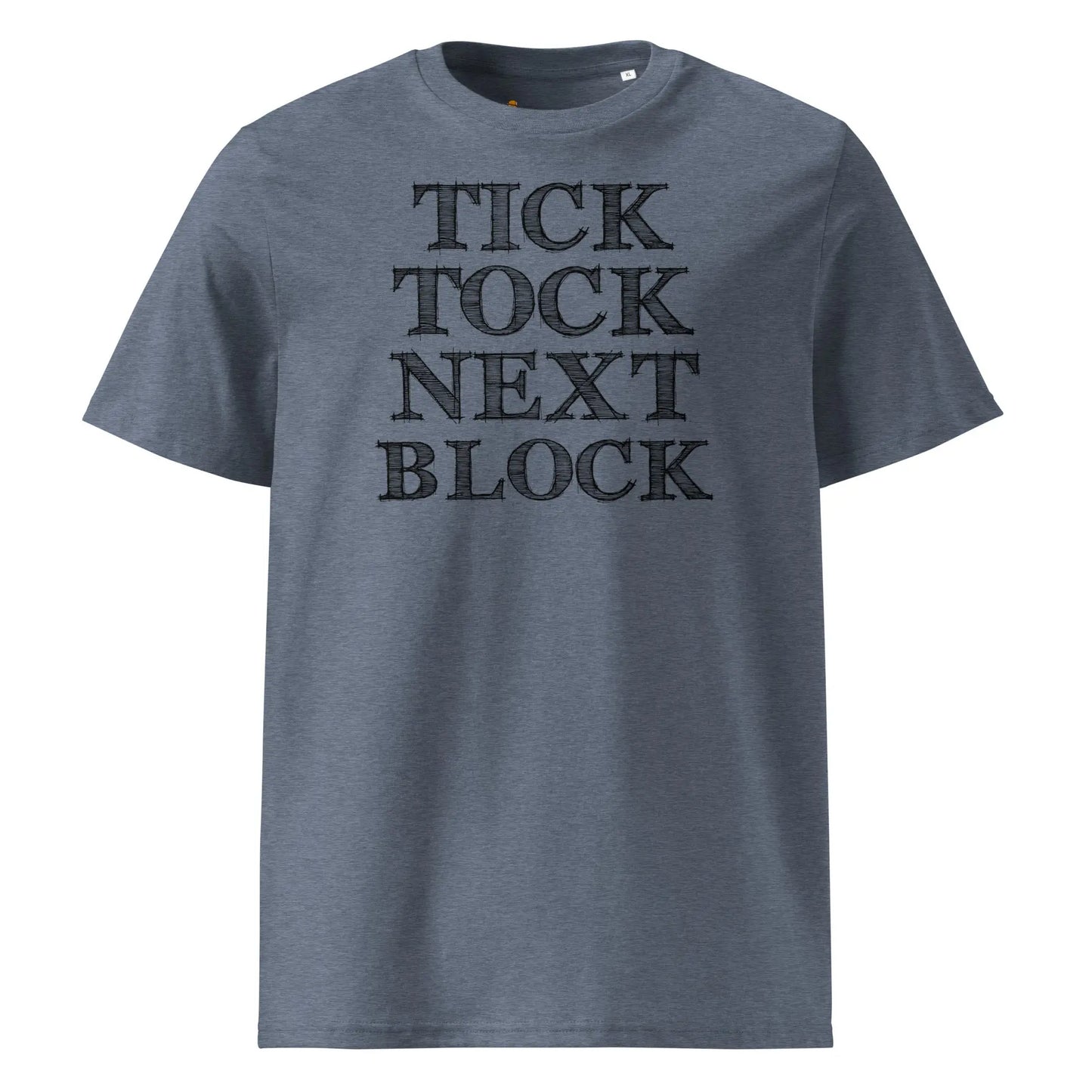 Bitcoin T-Shirt – Tick Tock Next Block — design close-up — blue