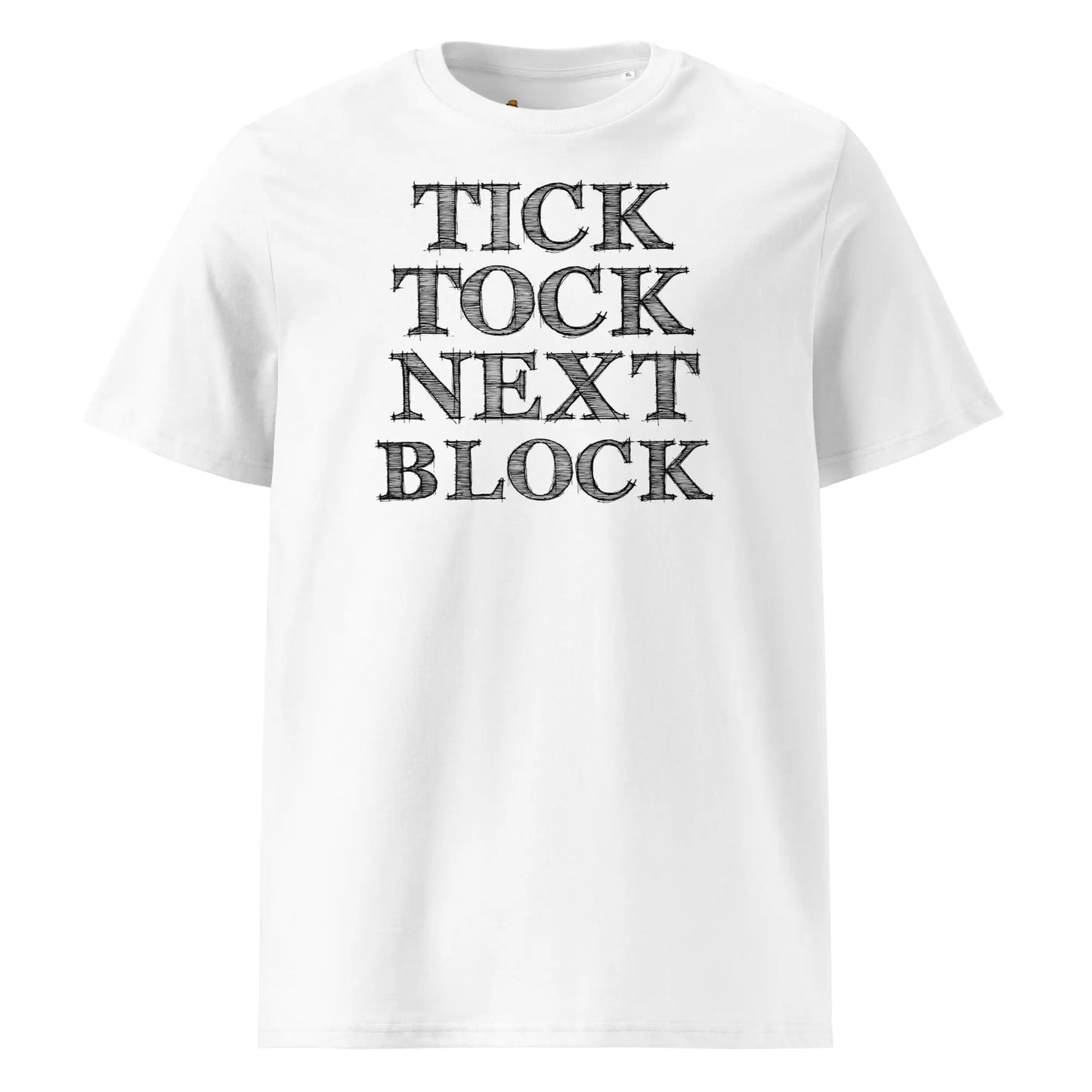 Bitcoin T-Shirt – Tick Tock Next Block - front view — white
