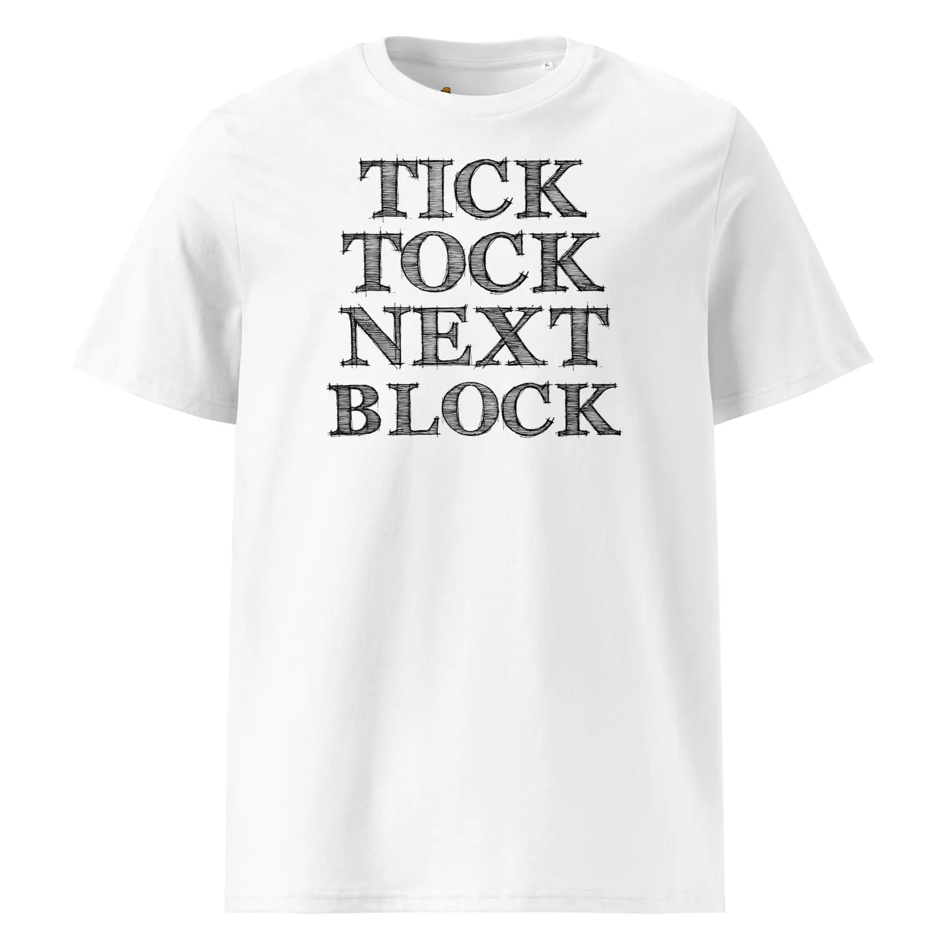 Bitcoin T-Shirt – Tick Tock Next Block - front view — white
