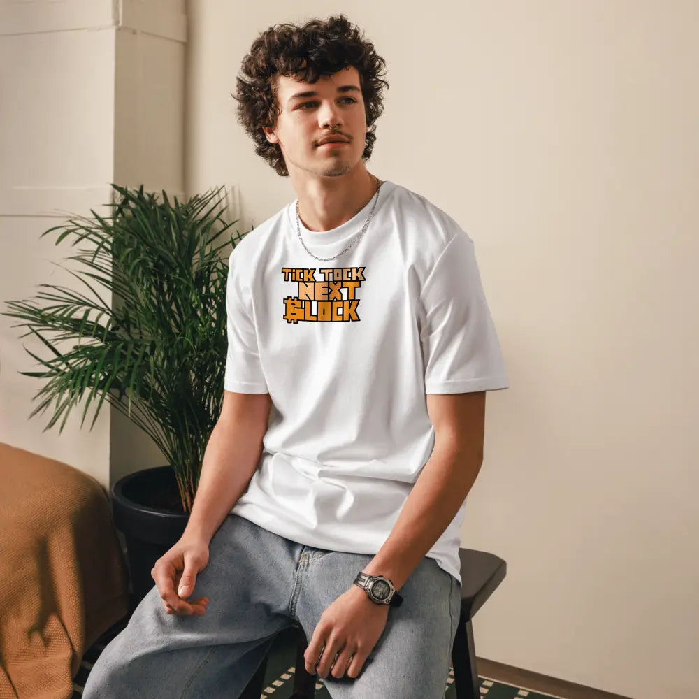 Bitcoin T-Shirt – Tick Tock Next Block by BitPopArt | Store of Value — lifestyle - white color male