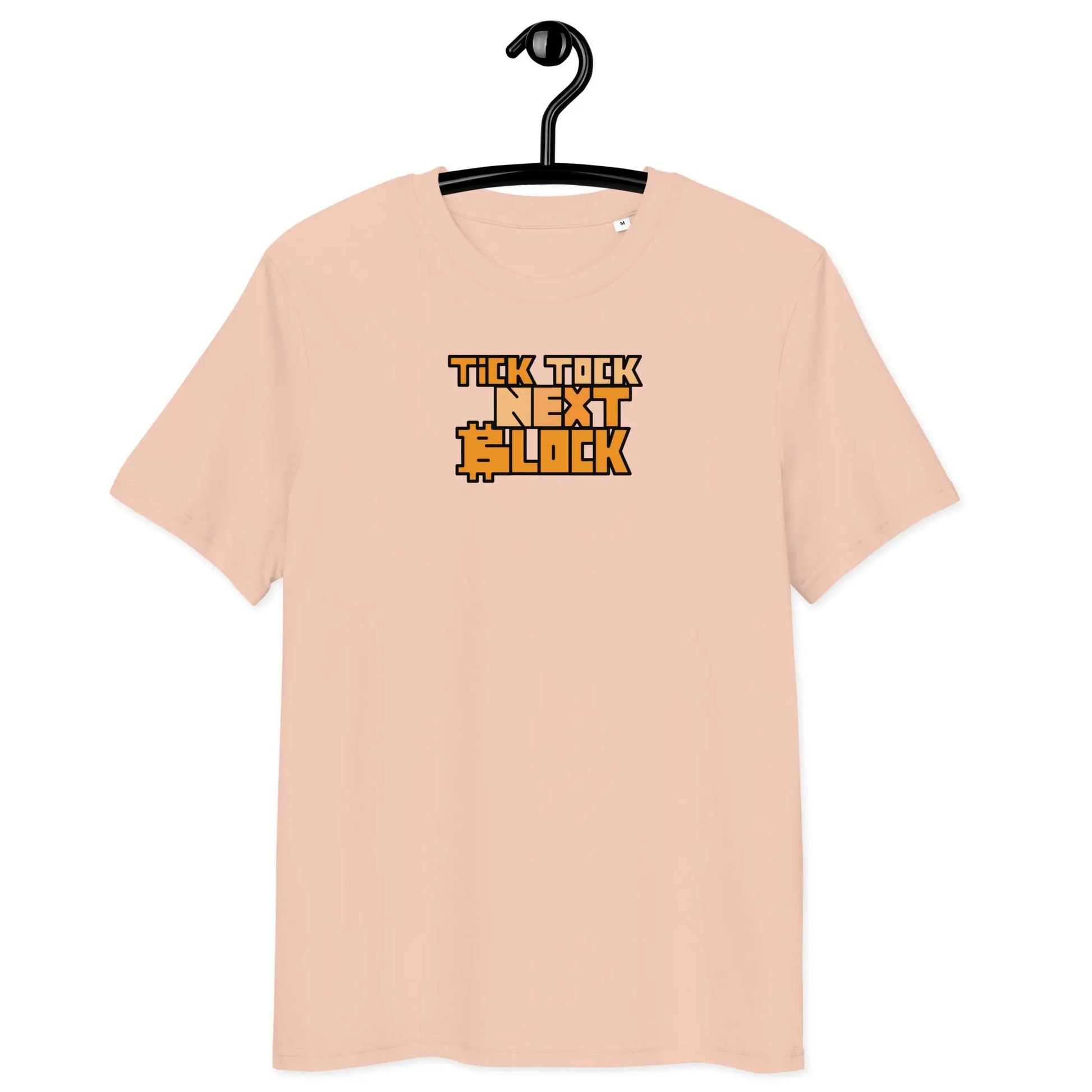 Bitcoin T-Shirt – Tick Tock Next Block by BitPopArt | Store of Value — on hanger - fraiche peche color