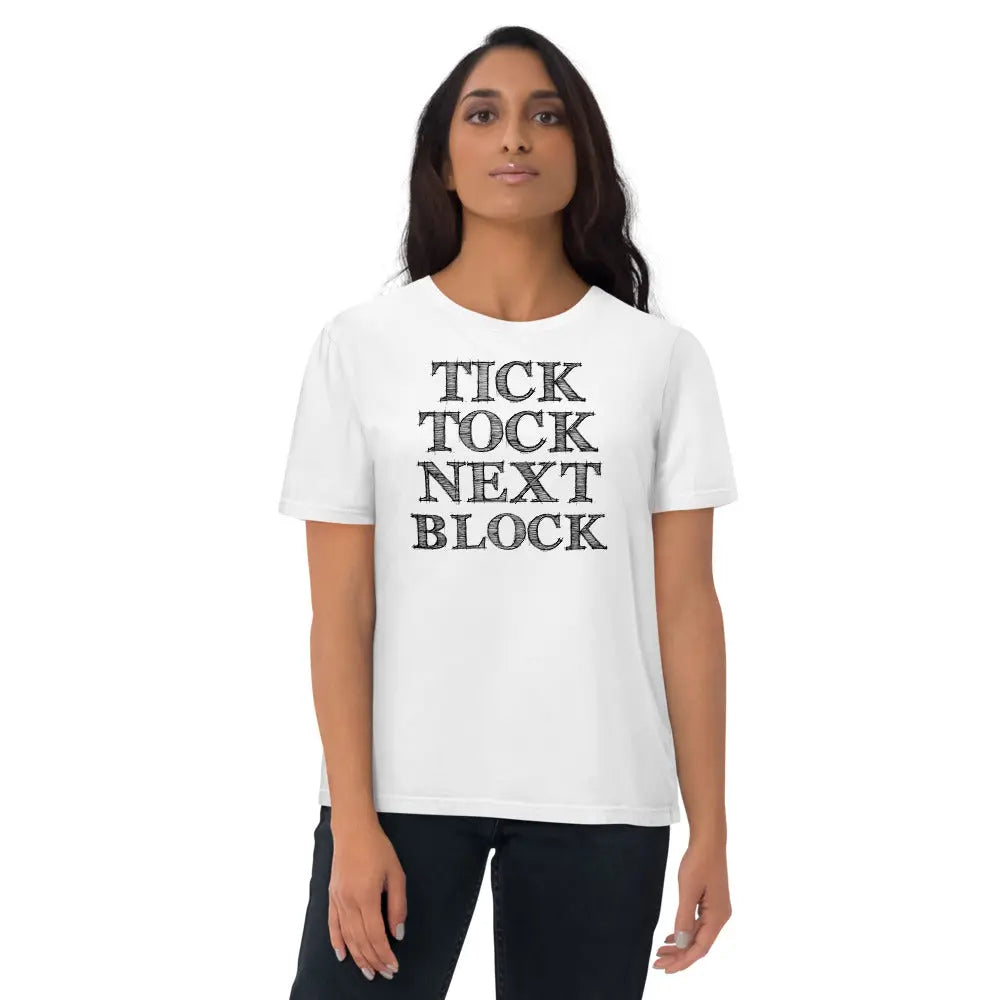 Bitcoin T-Shirt – Tick Tock Next Block - worn on female model — white
