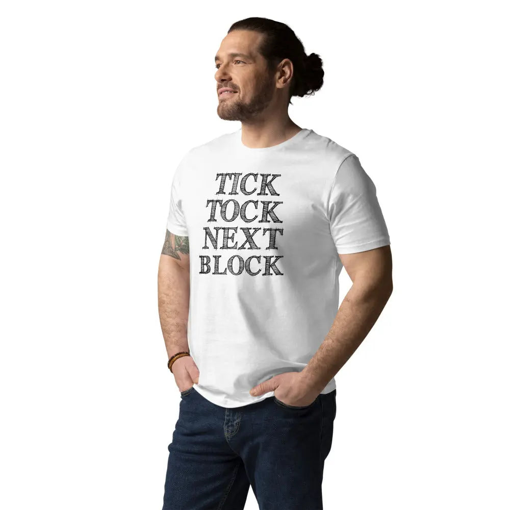Bitcoin T-Shirt – Tick Tock Next Block -worn on model — white