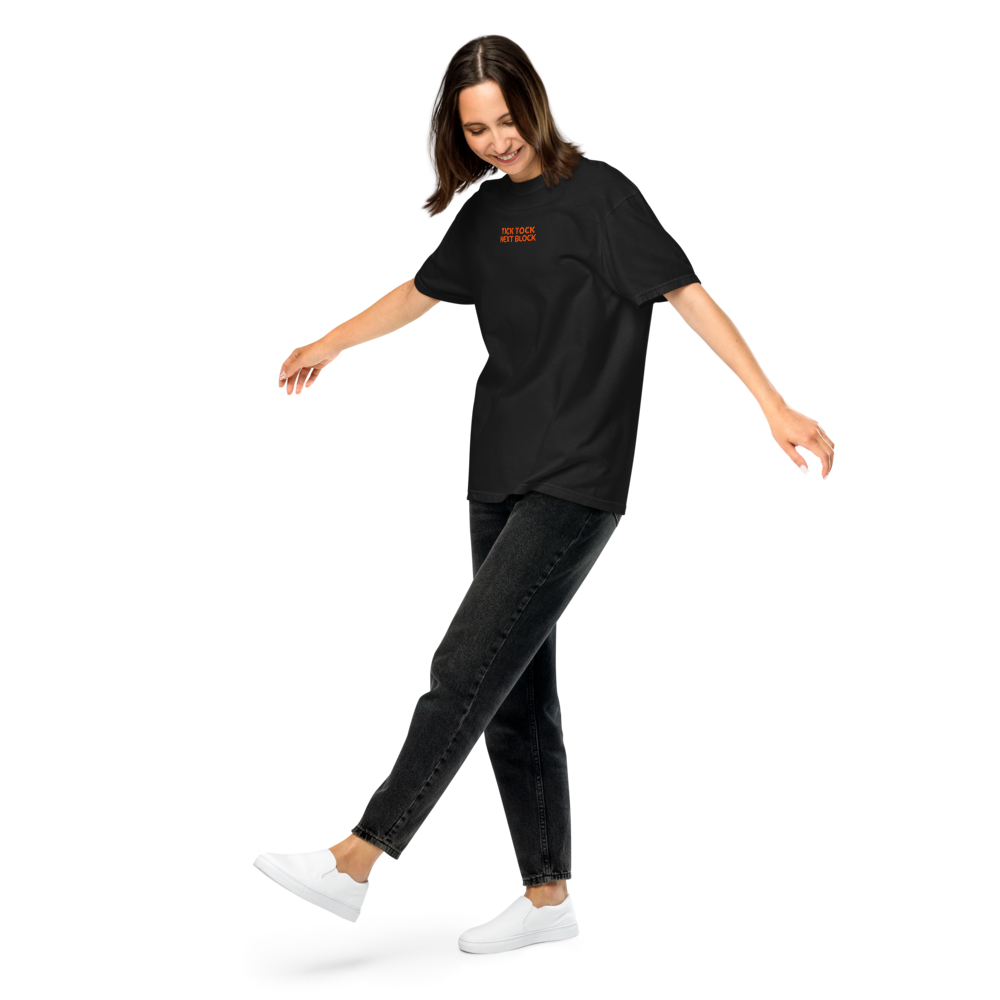 bitcoin t-shirt - tick tock next block - worn view - black - female model