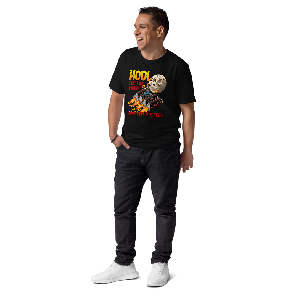 Bitcoin T-Shirt – HODL For The Moon -worn on standing male model - black