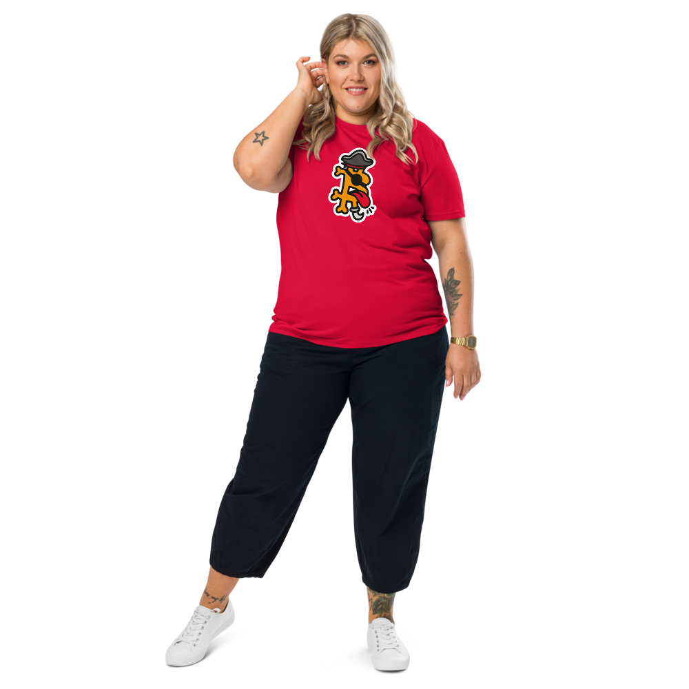 Bitcoin T-Shirt – Bitcoin Pirate - Standing female model - red