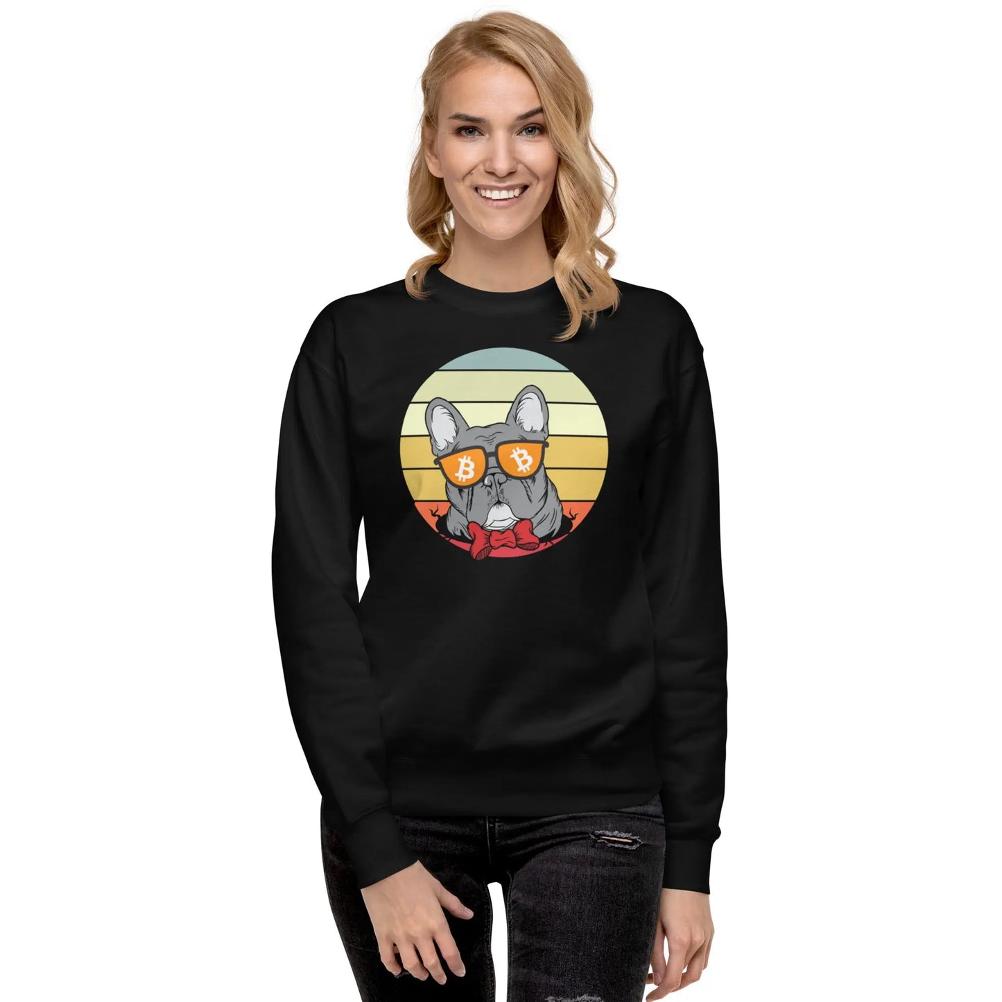 bitcoin sweatshirt - vintage dog lovers - worn by female - black color