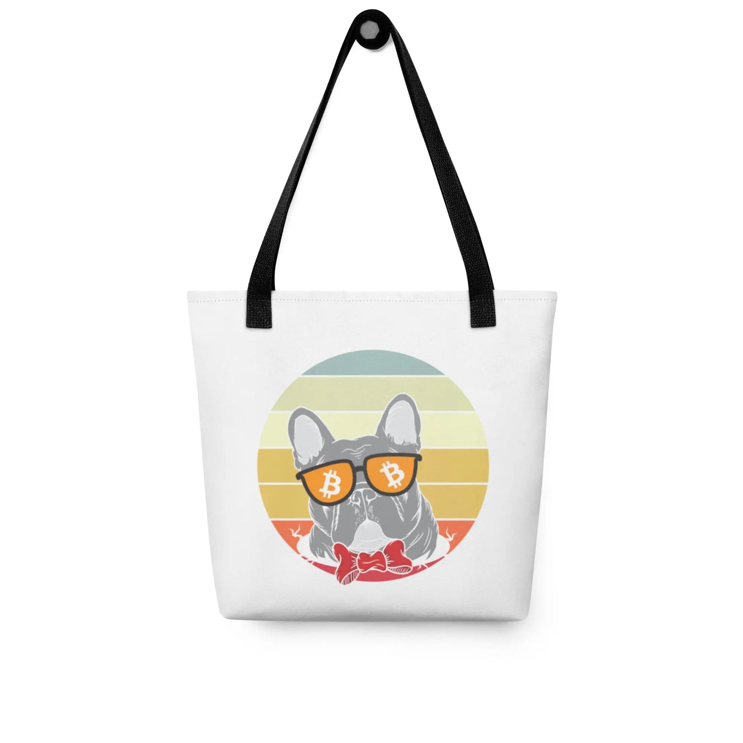 bitcoin tote bag - vintage dog lovers - front view on hanger