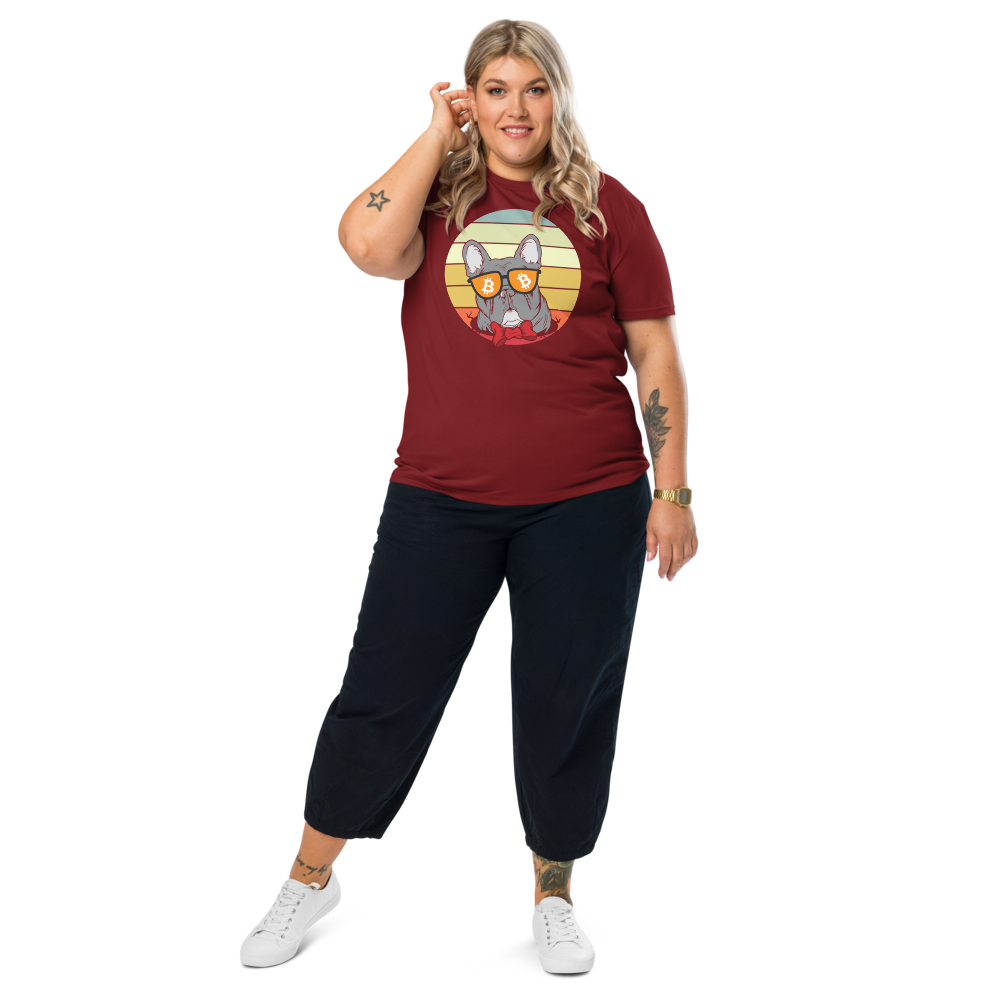 bitcoin t-shirt - vintage dog lovers - worn on model - burgundy red