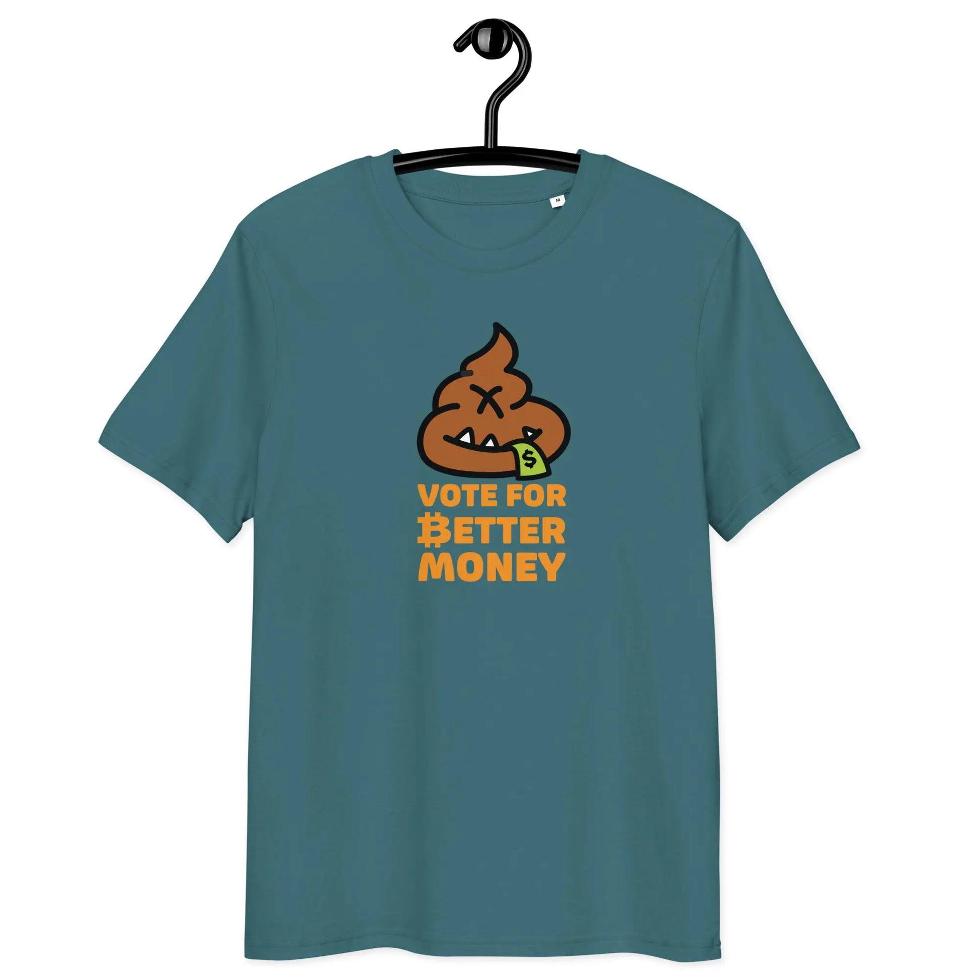 Bitcoin T-Shirt – Vote For Better Money (USD Edition) - on hanger - blue